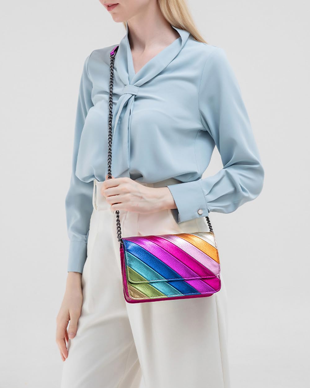 Rejolly Women's Rainbow Stripe Crossbody Shoulder Bag - Color Block PU Leather Purse with Adjustable Chain Strap | Fashionable Accessory for Casual Outings, Travel & Daily Use
