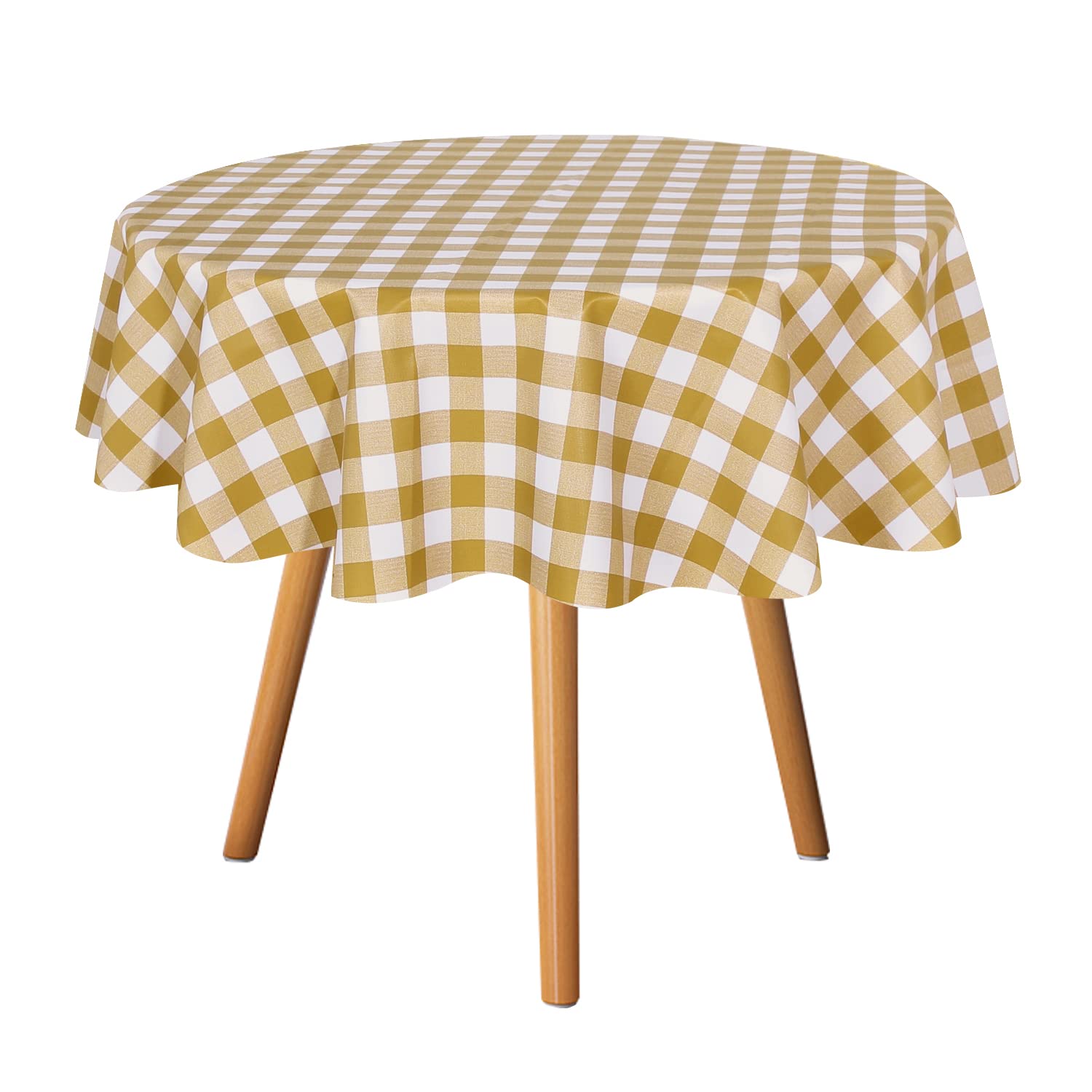 Sancua 60 Inch Checkered Vinyl Round Tablecloth - 100% Waterproof, Oil & Spill Proof PVC Table Cover for Easy Cleaning | Perfect for Dining Tables, Buffet Parties, Camping, Picnics & Outdoor Events in Elegant Champagne & White Design
