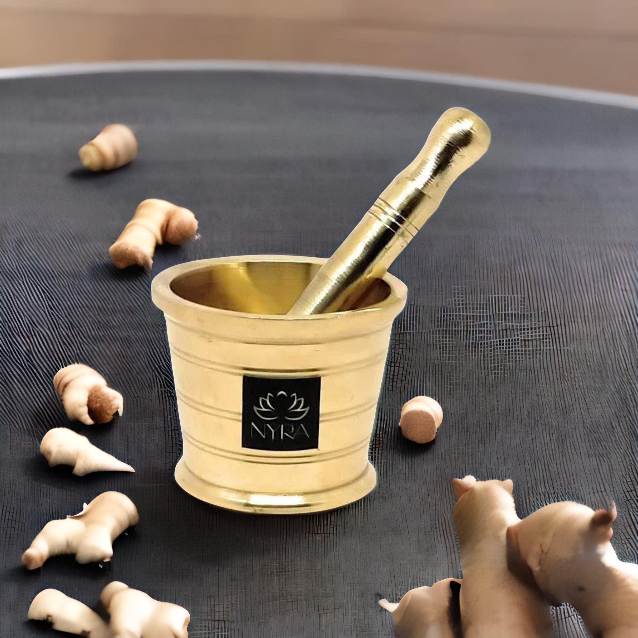 Nyra® Pure Brass Mortar and Pestle Set - Traditional Spice Grinder for Kitchen, Herb Crusher, Okhli Masal, Imam Dasta - Perfect for Grinding Spices, Herbs, and Making Fresh Pastes - Ideal for Indian Cooking, Ayurvedic Remedies, and Home Kitchen Use