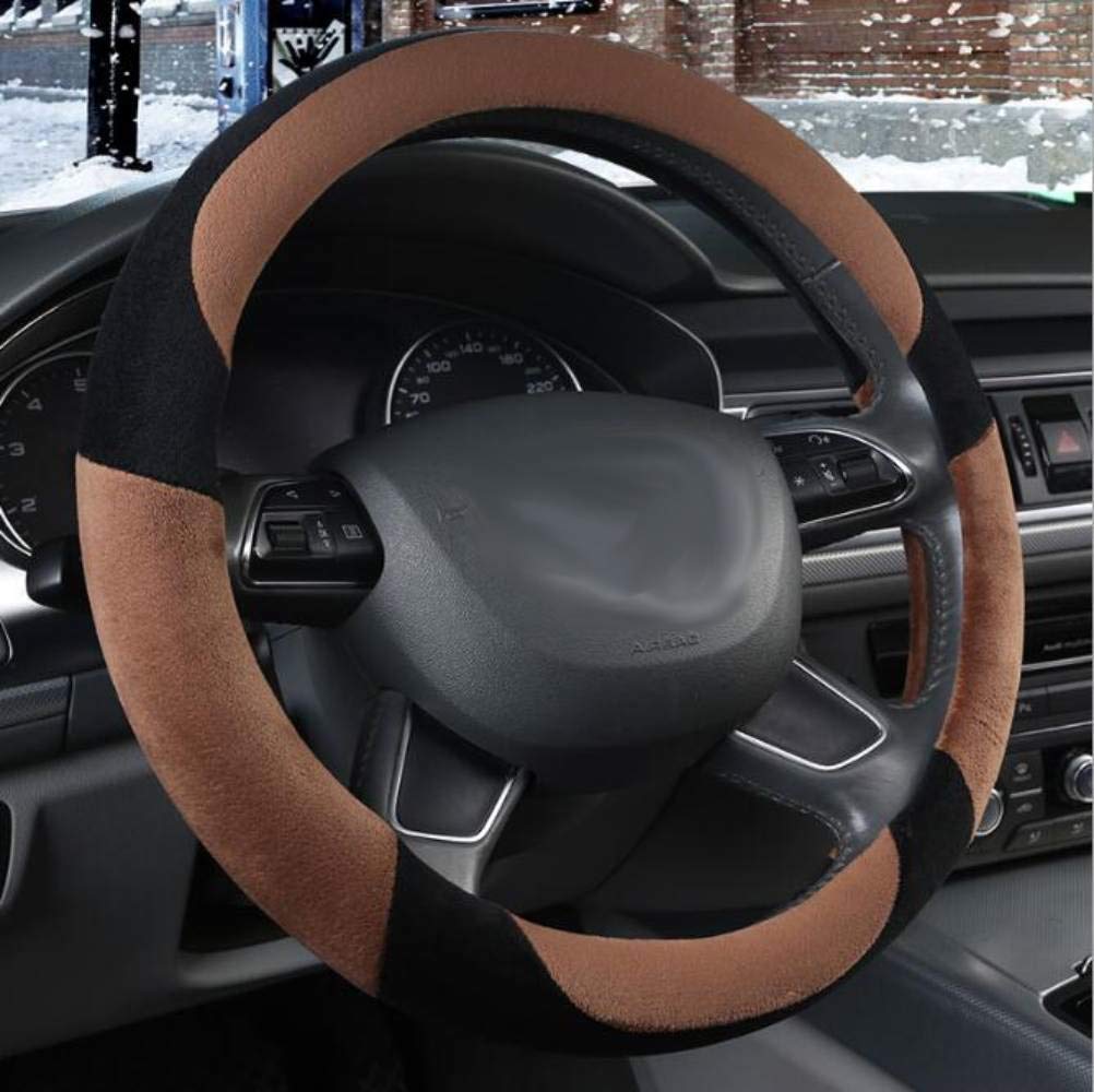 i-Will Soft Plush Steering Wheel Cover - 15 Inch Universal Fit, Sporty Stitching Design, Fashionable Coffee Color - Perfect for Cars, Trucks & SUVs - Comfort Grip & Stylish Upgrade for Daily Commute & Road Trips