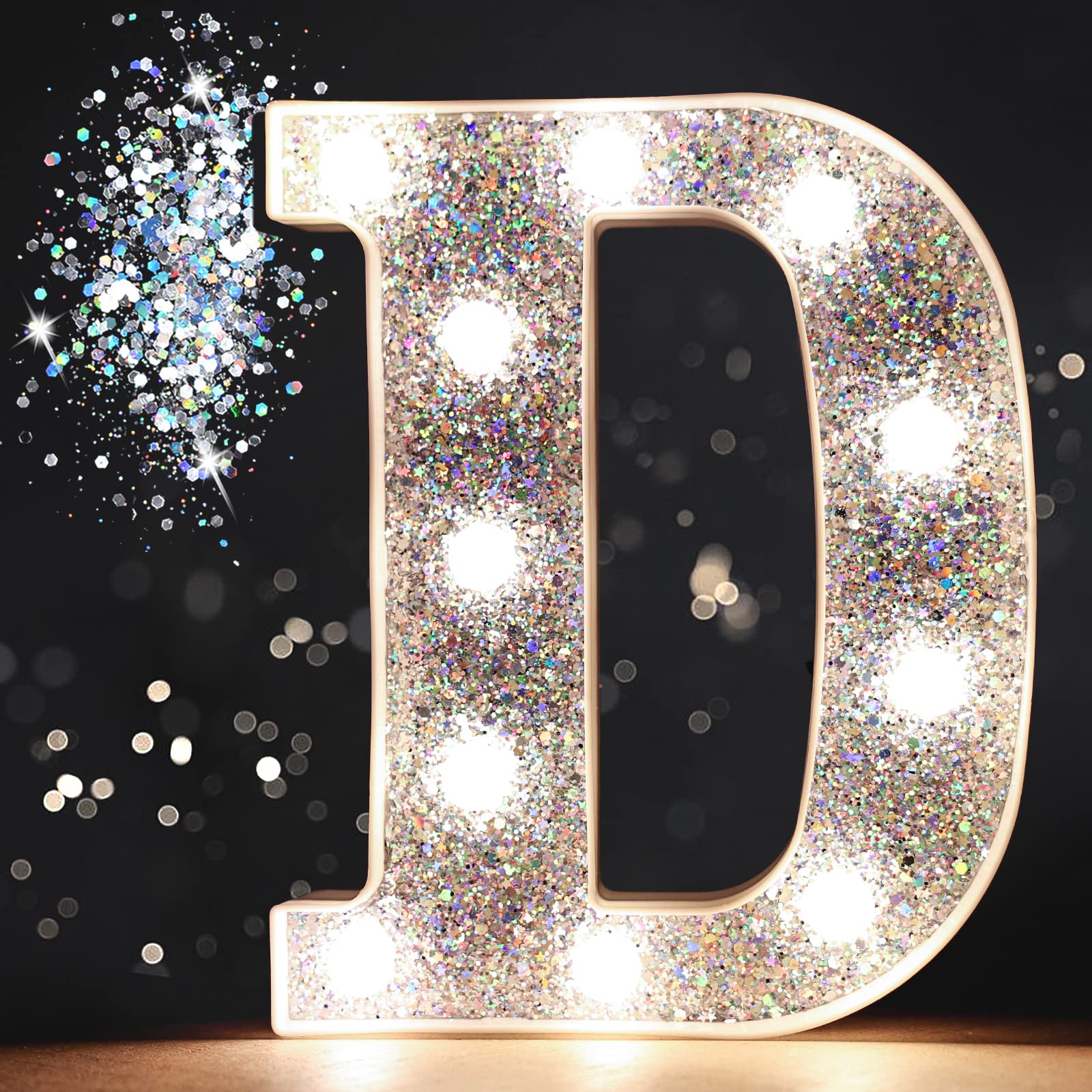 Pooqla LED Marquee Letter Lights - Silver Glitter Alphabet Letter D - Battery Powered Light Up Sign for Home Decor, Birthday Party, Wedding, Christmas - Perfect for Girls Gifts, Bar & Night Light Decorations