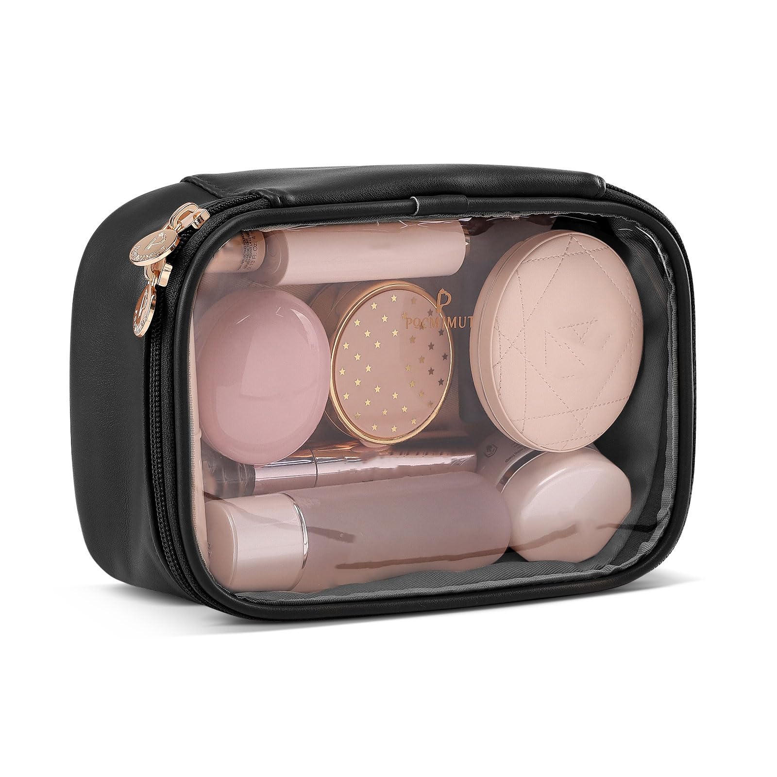Pocmimut Clear Travel Makeup Bag for Women - Small Cosmetic Organizer with Storage, Black | Perfect for Travel, Gym & Daily Essentials | Car Accessories & Toiletry Organizer