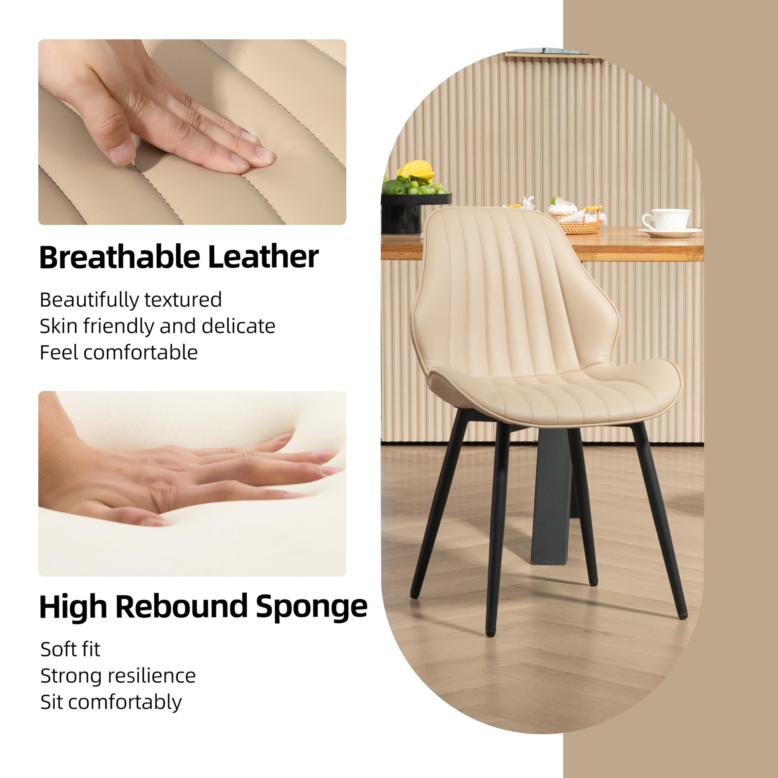 Finnhomy Mid-Century Modern Dining Chairs Set of 2 - Faux Leather Upholstered Armless Accent Chairs with Backrest & Metal Legs - Khaki Living Room & Dining Room Seating for Home Decor