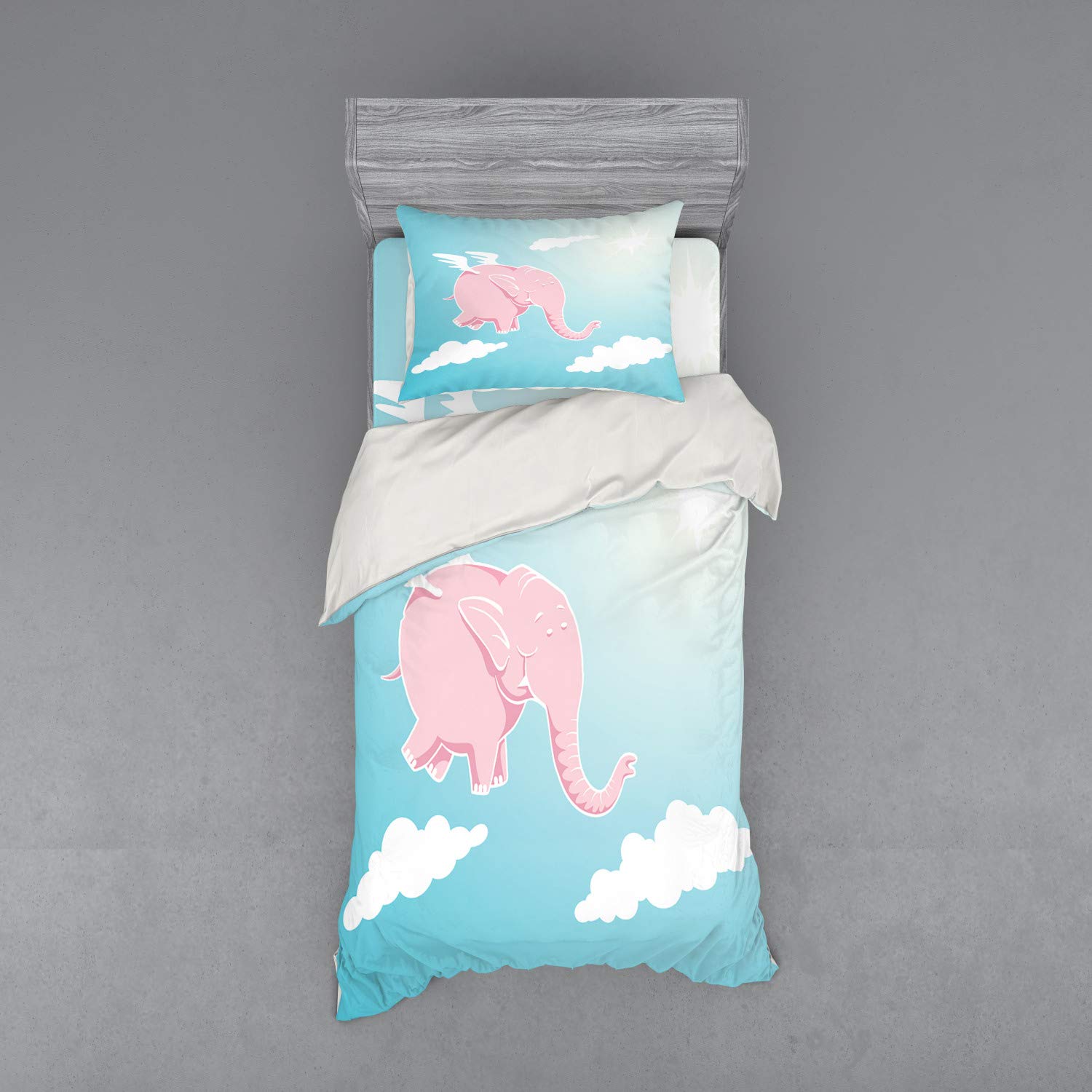 Ambesonne Cartoon Duvet Cover Set - Pink Flying Through The Sky Happiness Freedom Fantasy 3-Piece Bedding Set with Sham & Fitted Sheet, Twin Size, Pale Pink & Blue - Perfect for Kids' Rooms, Teen Bedrooms & Whimsical Home Decor