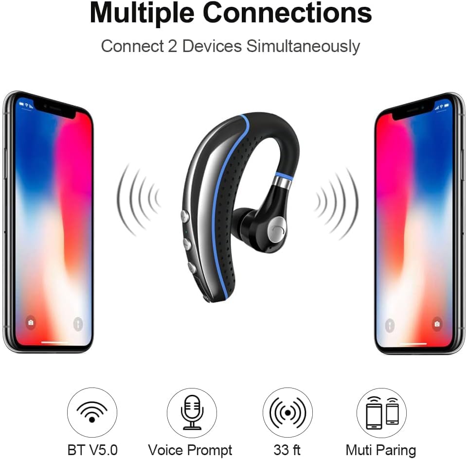 Wireless Bluetooth Headset V5.0 with Noise Canceling Mic - Lightweight Business Earphones for Android & iPhone - Perfect for Driving, Trucking, Office Calls & Smartphone Use - Blue