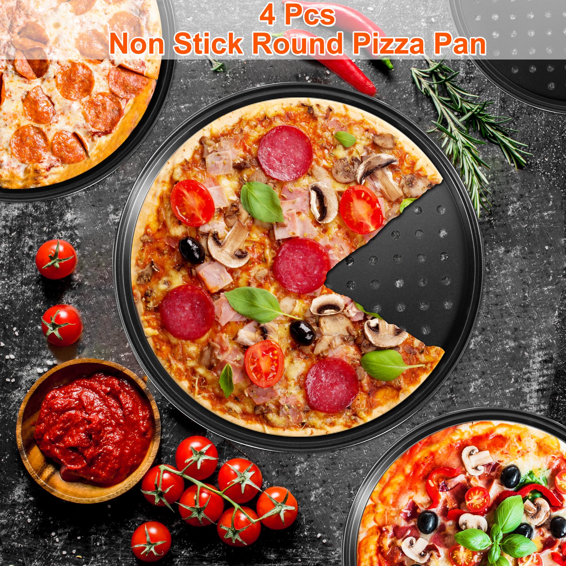 4-Piece Round Perforated Non-Stick Pizza Pan Set (9/10/11/12 Inch) - Perfect for Baking Crispy Crust Pizzas in Oven - Ideal for Home Kitchens, Restaurants & Pizza Parties