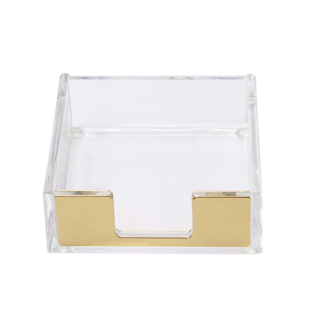 Buqoo Acrylic Sticky Notes Holder - 3.5x3.3 Inch Clear Desk Organizer for Office Supplies, School & Home (Gold) - Perfect for Notes, Reminders & Classroom Organization