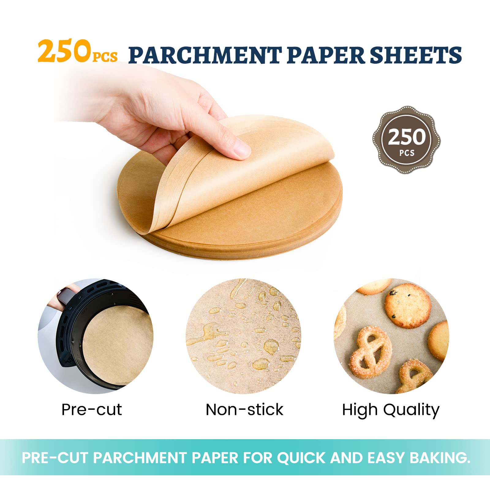Happy Seal 7.9 Inch 250-Pack Disposable Parchment Paper Rounds - Non-Stick Baking Sheets for Air Fryer, Oven & Microwave - Perfect for Cakes, Cookies & Pastries - Ideal for Home Baking, Meal Prep & Party Desserts