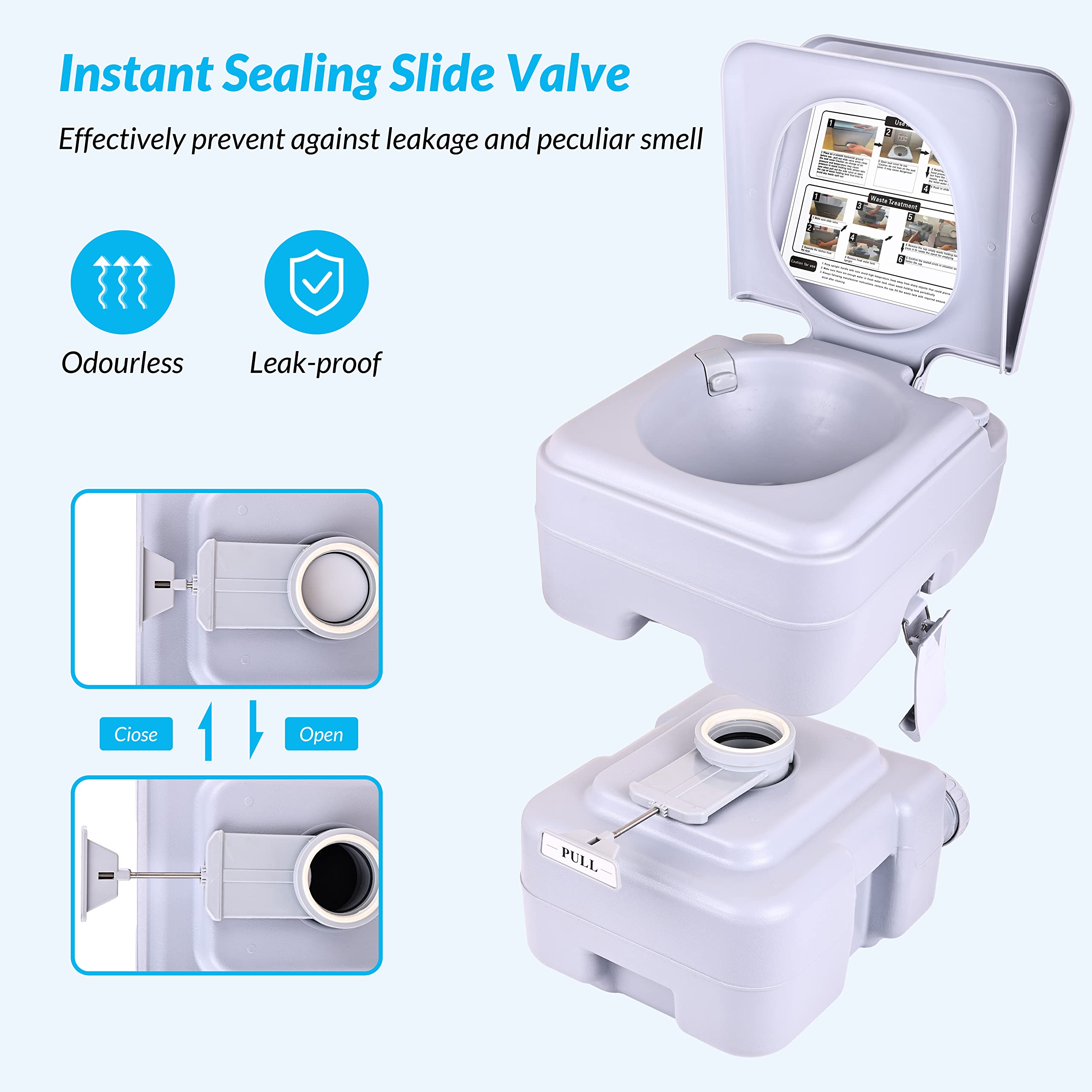 Portable Toilet for Camping & RV Travel - 5.3 Gallon Large Capacity Waste Tank with Splash-Free Dumping & Anti-Leak Water Pump - Ideal for Outdoor Adventures, Road Trips, Hiking and Emergency Preparedness