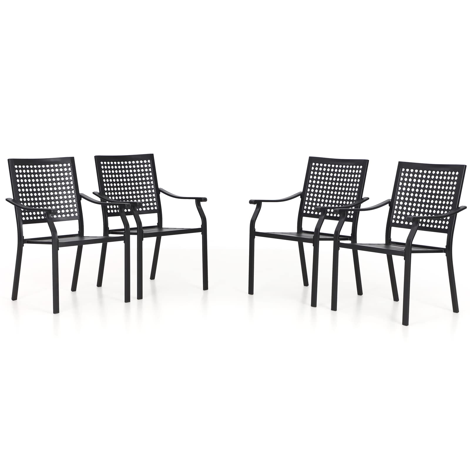 PHI VILLA 4-Piece Stackable Metal Patio Dining Chairs Set with Armrests - All Wrought Iron Frame Outdoor Furniture - Black Garden, Backyard, Lawn Chairs (300 lb Weight Capacity) - Perfect for Outdoor Dining, Poolside Relaxation and Patio Decor
