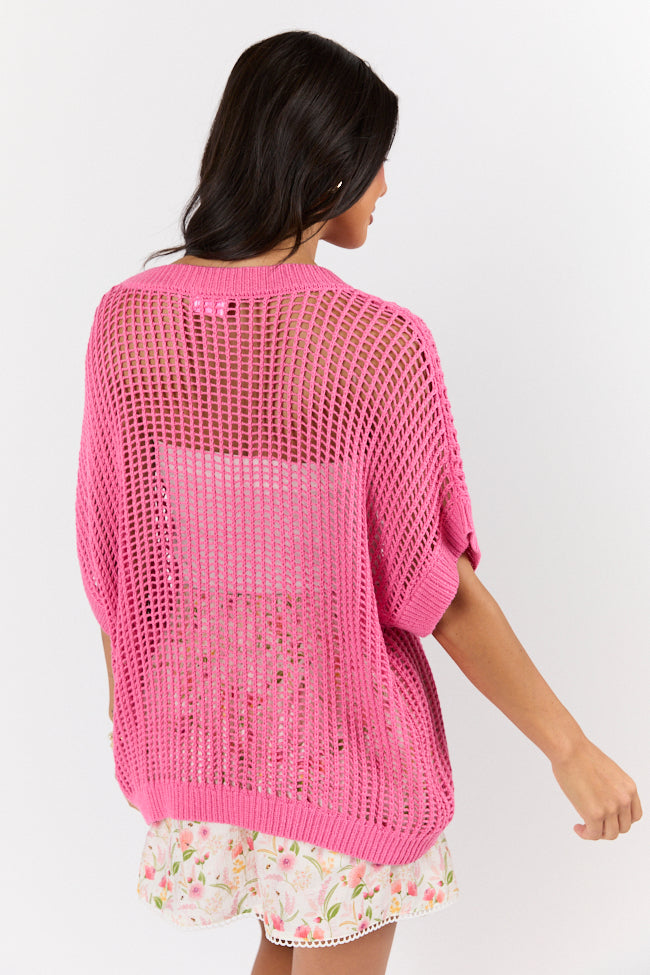 Wave Of Relief Pink Short Sleeve Open Knit Cover Up Sweater - Lightweight Summer Beachwear for Women, Perfect for Poolside, Vacation & Casual Outings
