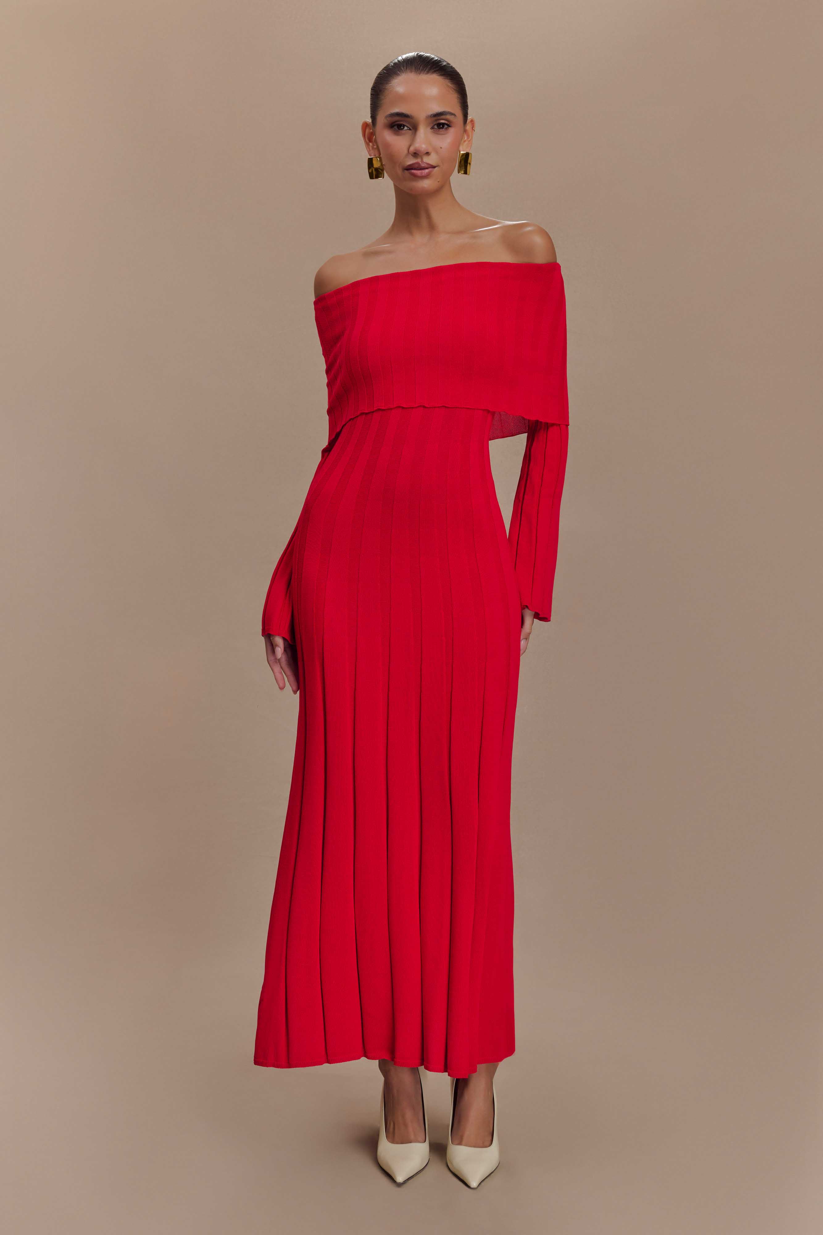 Alonza Women's Long Sleeve Knit Midi Dress in Red - Perfect for Fall, Winter, Office Wear & Casual Outings
