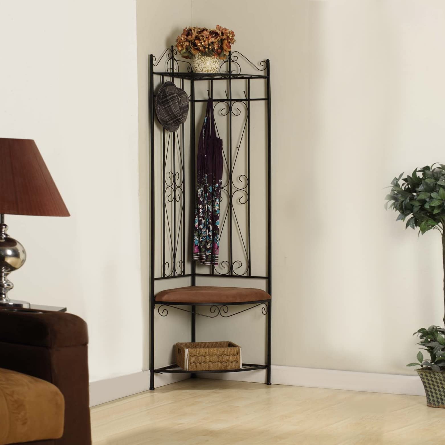 King's Brand Black Metal Entryway Bench with 6 Hooks - Sturdy Hallway Storage Rack for Shoes, Coats & Bags - Perfect for Small Spaces, Apartments & Mudrooms