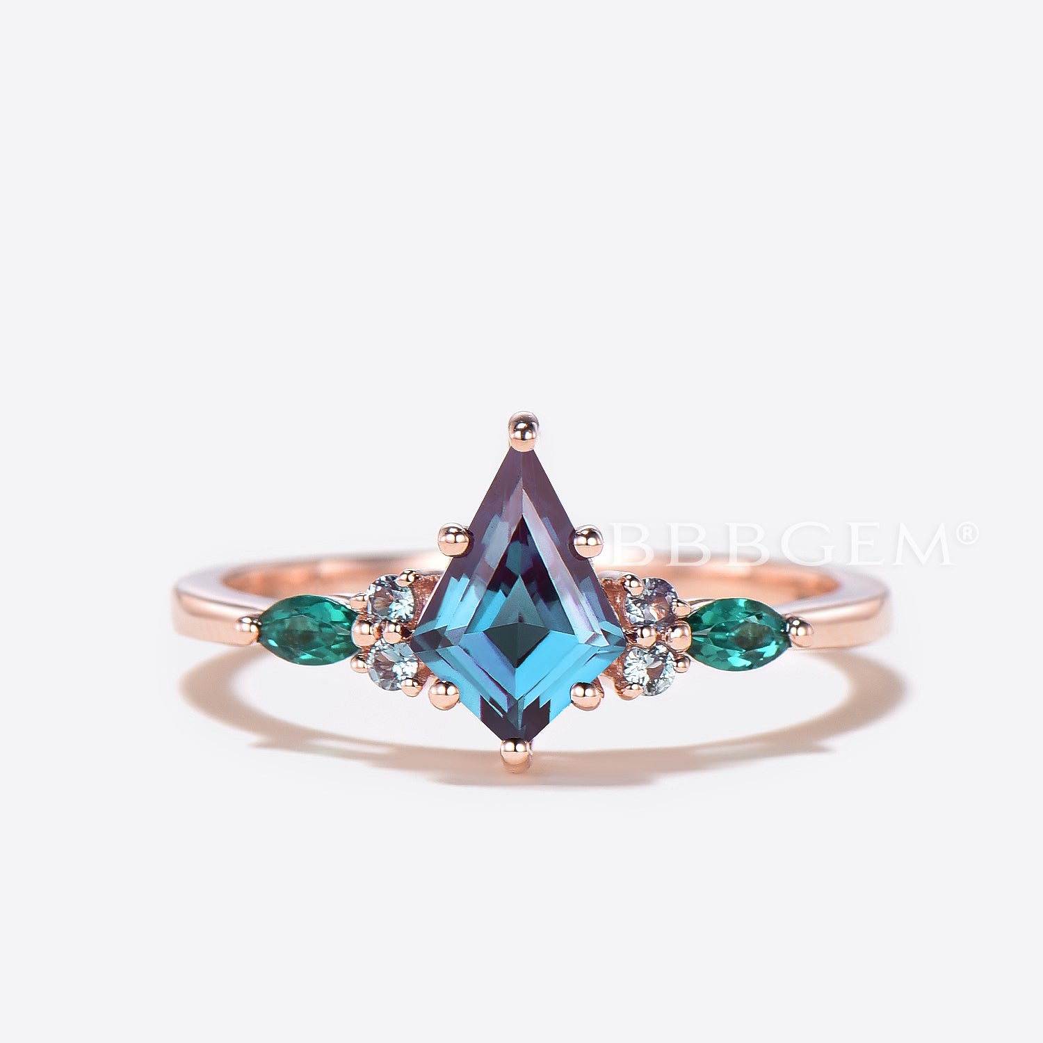 Alexandrite Color Changing Engagement Ring Set - Emerald Cut Kite Cluster Bridal Jewelry for Wedding & Proposal
