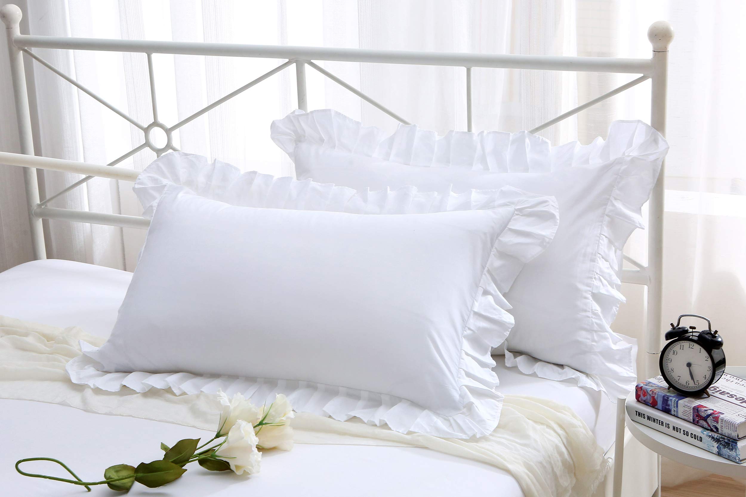 Premium Egyptian Cotton Ruffles Pillowcases - Queen Size 2-Pack (20x30 inches) Soft & Thick White Pillow Shams for Bedroom Luxury & Hotel Style Comfort