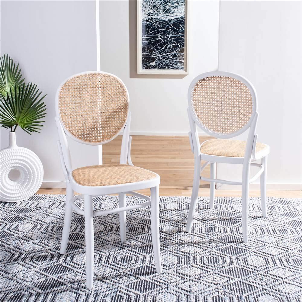 Safavieh Sonia White & Natural Cane Dining Chairs Set of 2 - Modern Farmhouse Kitchen & Breakfast Nook Seating for Dining Room, Patio or Outdoor Entertaining