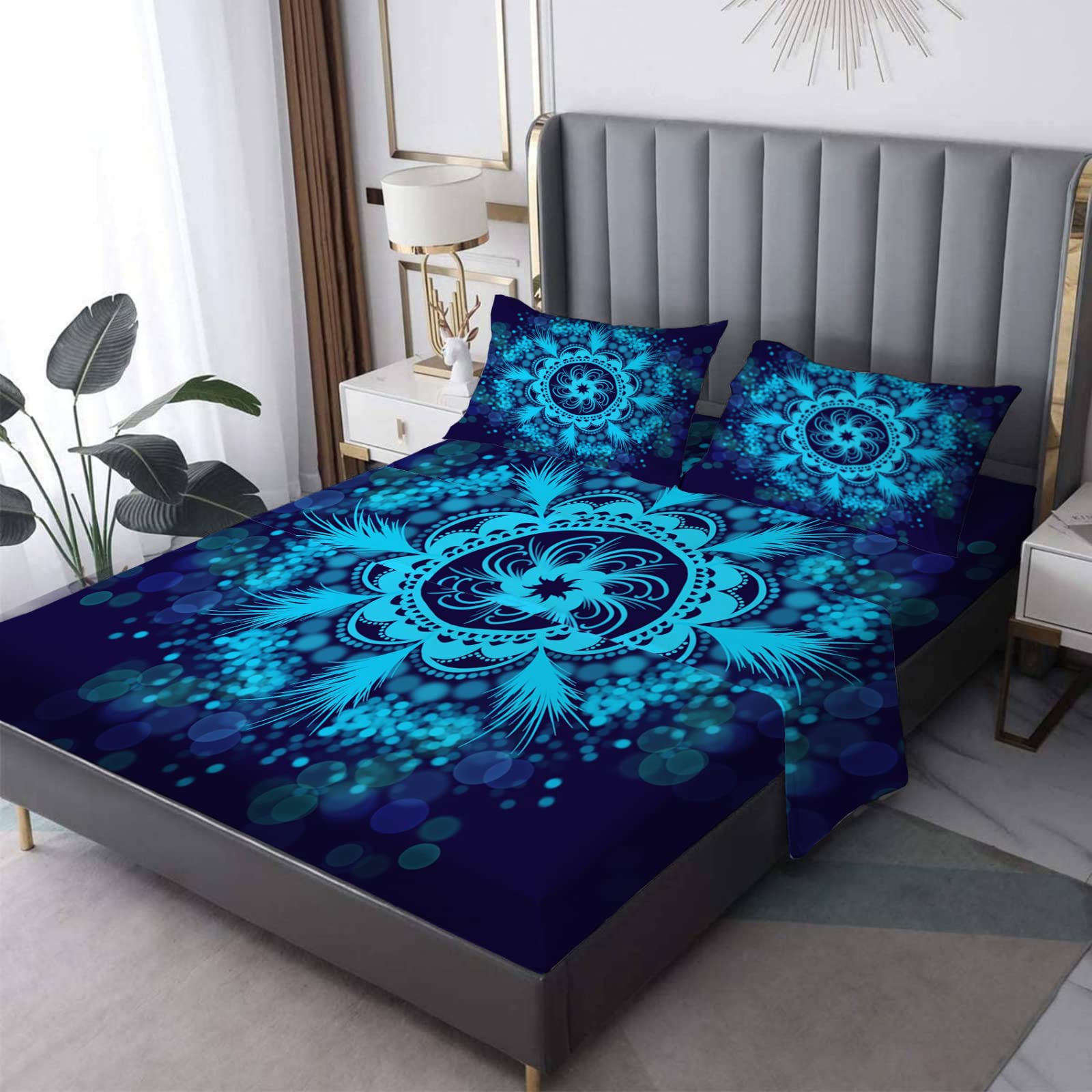 Mandala 4-Piece Bed Sheet Set - Dark Blue, Soft & Breathable for Deep Pocket Mattresses - Perfect for Home & Hotel Use