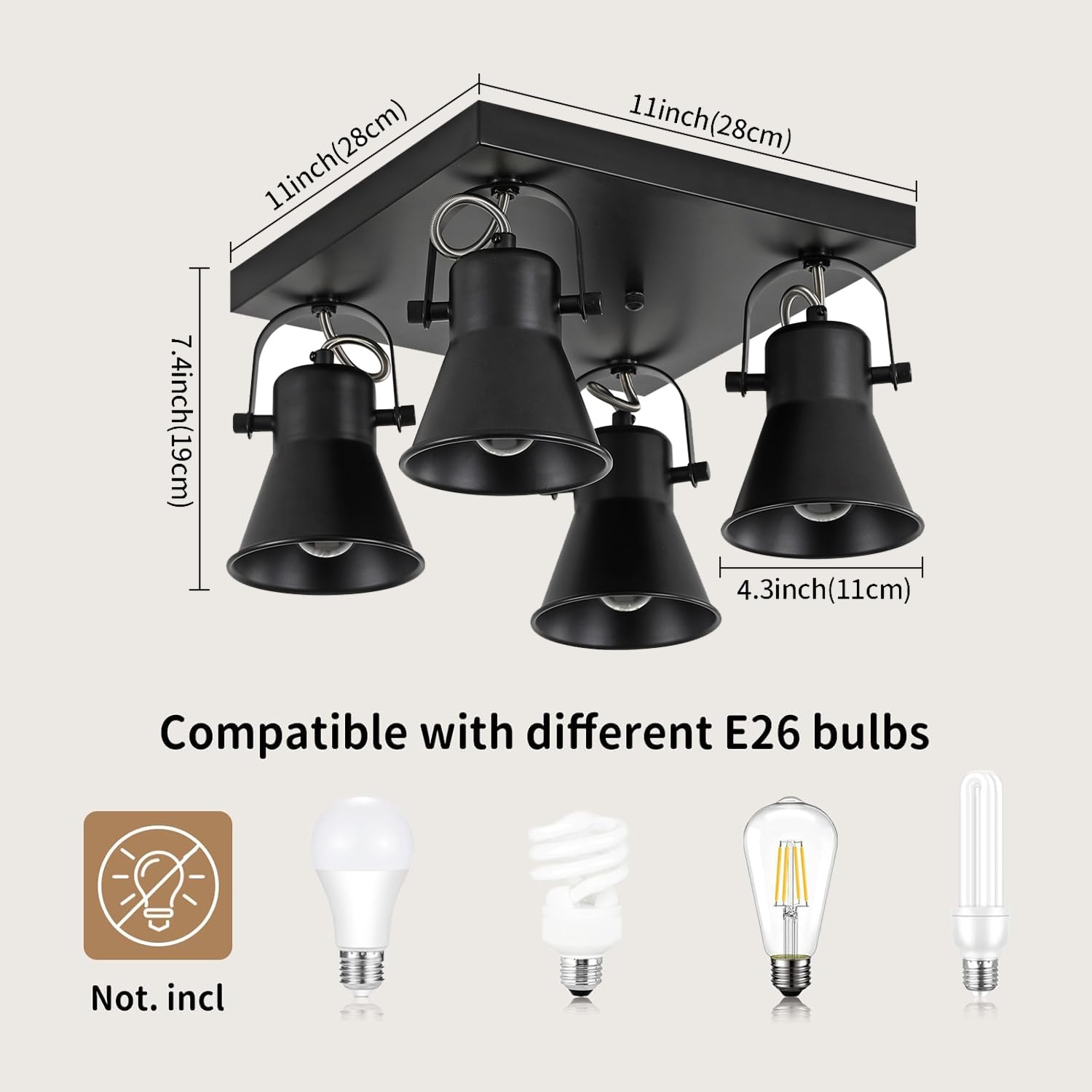 SEEBLEN 4-Light Black Adjustable Track Lighting Fixture, Square Flush Mount Ceiling Light for Kitchen, Dining Room, Living Room, Bedroom, Hallway - Perfect for Modern Home and Office Lighting