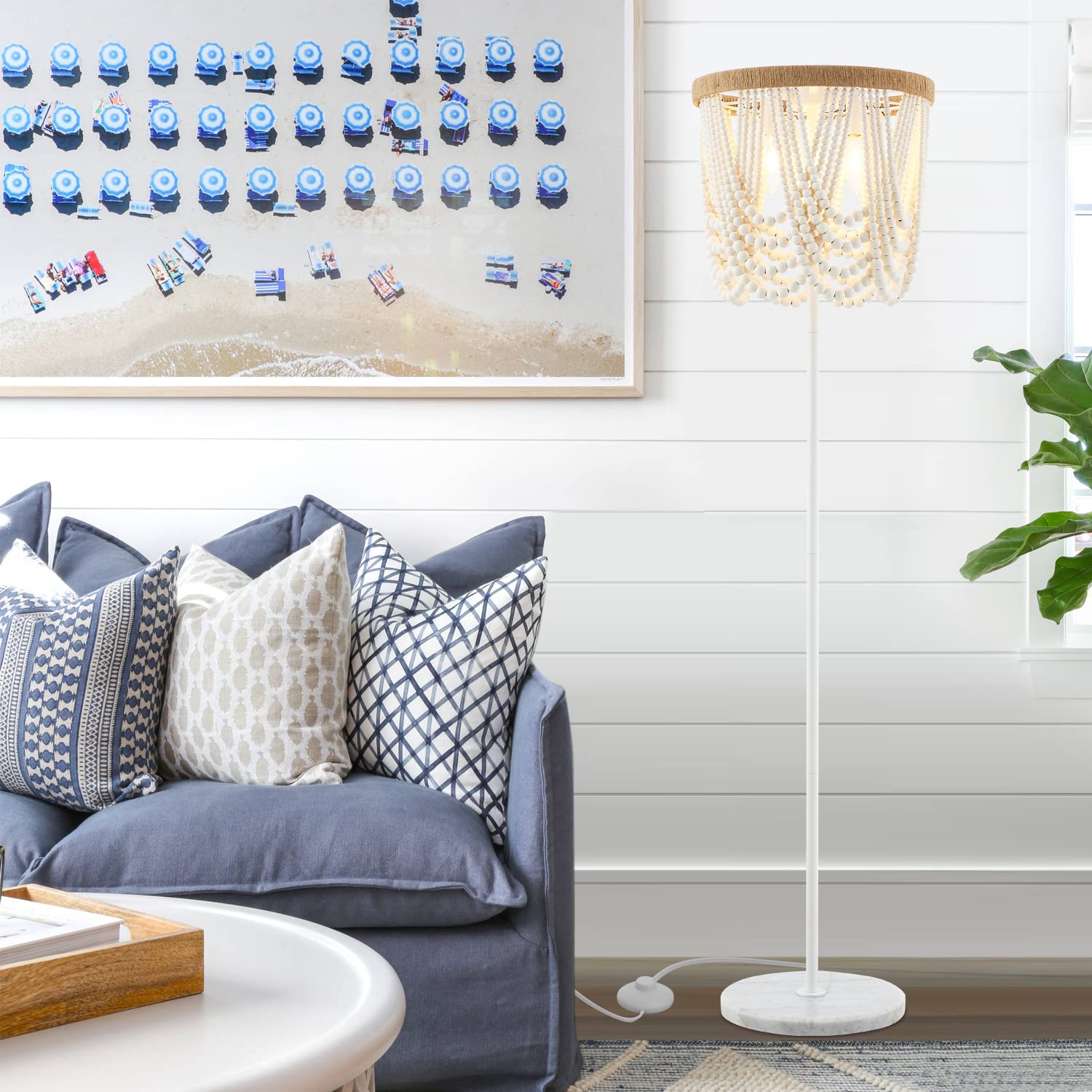 VILUXY Bohemian Wood Beaded Floor Lamp - Antique Rustic White Finish 3-Light Chandelier for Bedroom, Nursery, Dining Room & Girls Room | Perfect for Boho Home Decor, Farmhouse Living Room & Cozy Reading Nook