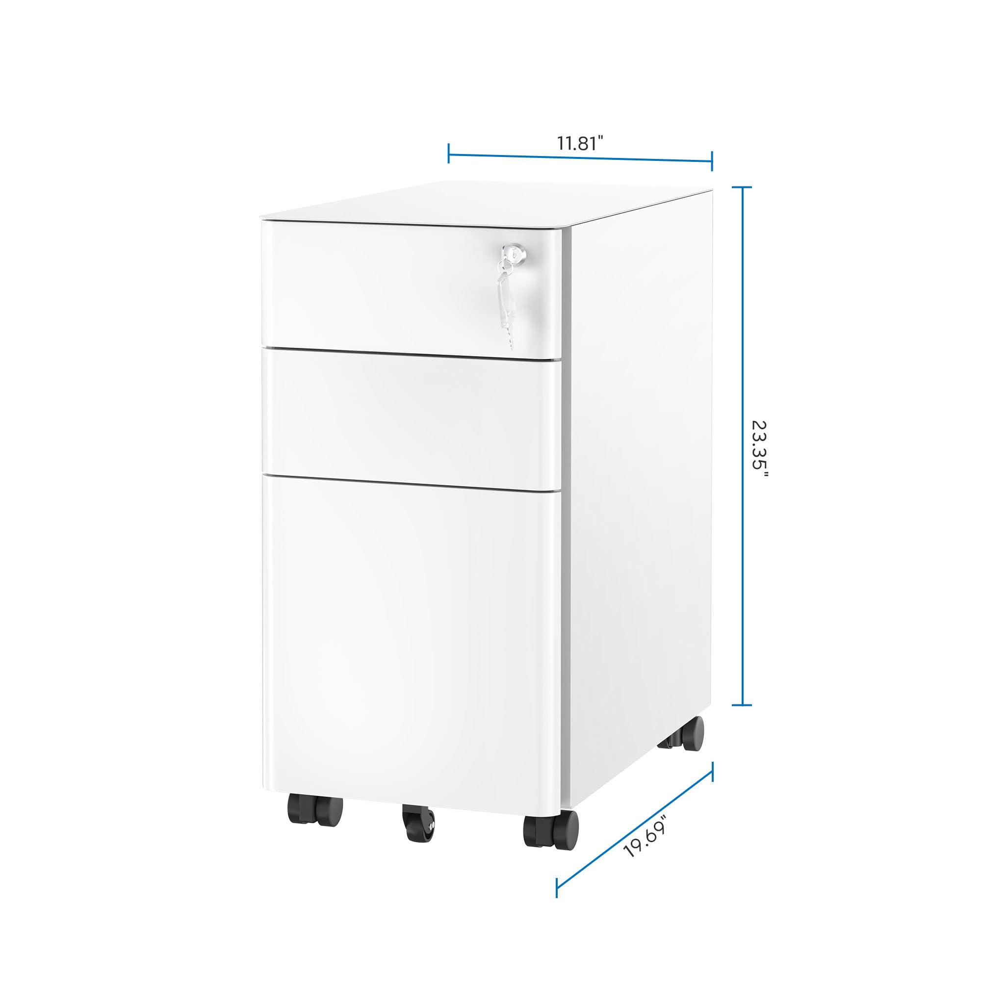 Mount-It! Slim Rolling Under Desk Cabinet - 3-Drawer Mobile File Storage with Lock for Home & Office Organization - White - Perfect for Small Spaces & Clutter-Free Workspaces