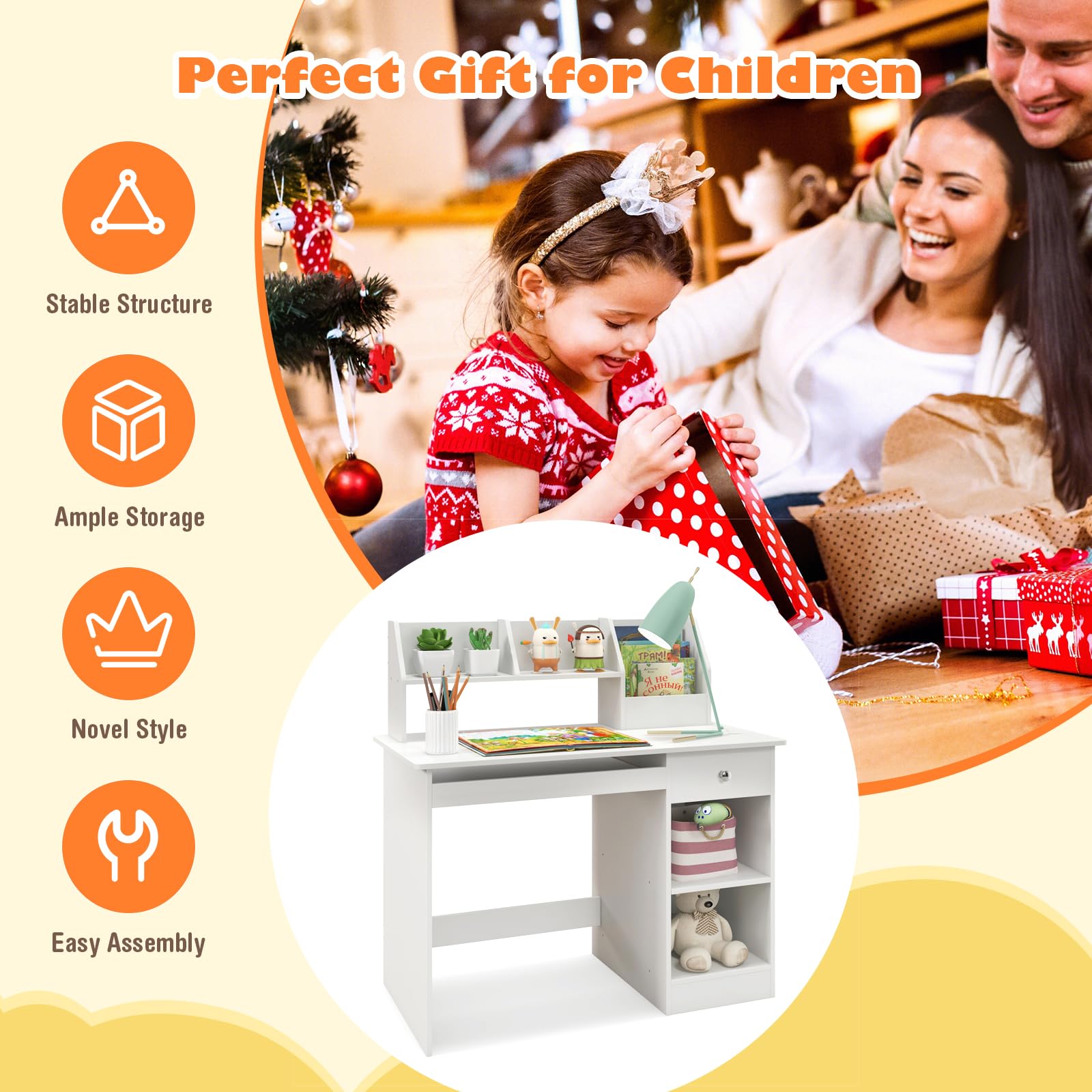 Costzon Kids Wooden Study Desk with Hutch, Storage Shelves & Keyboard Tray - White Children's Writing Workstation for Bedroom, School - Perfect Gift for Boys & Girls Ages 3+ | Ideal for Homework, Art Projects & Computer Learning