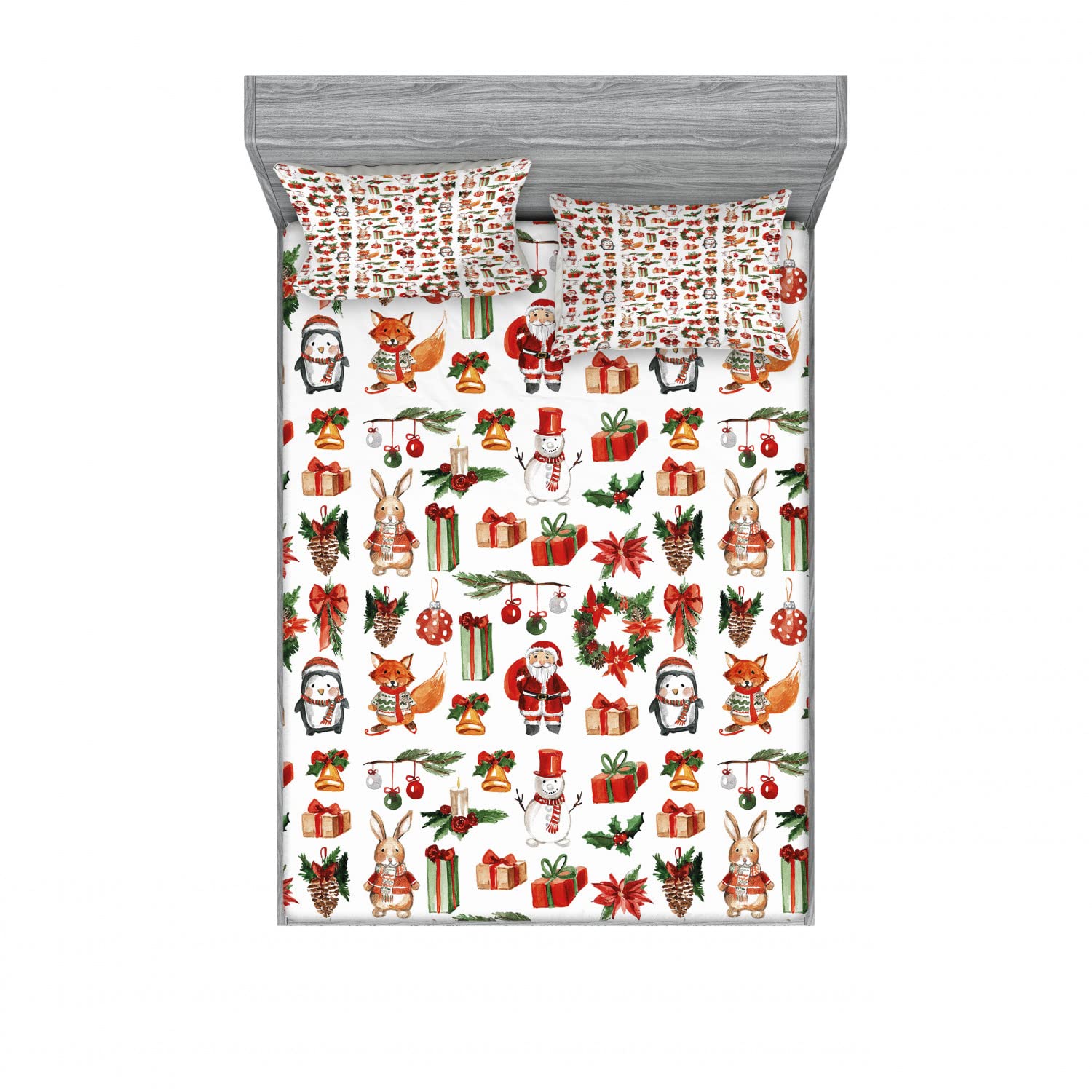 Ambesonne Christmas 2-Pack Queen Size Fitted Sheet & Pillow Sham Set - Holiday Rabbit and Candle Design, 4-Piece Bedding Set (2 Fitted Sheets + 4 Pillow Covers) in Red Green Orange - Cozy Winter Home Decor for Bedroom, Guest Room & Holiday Staging