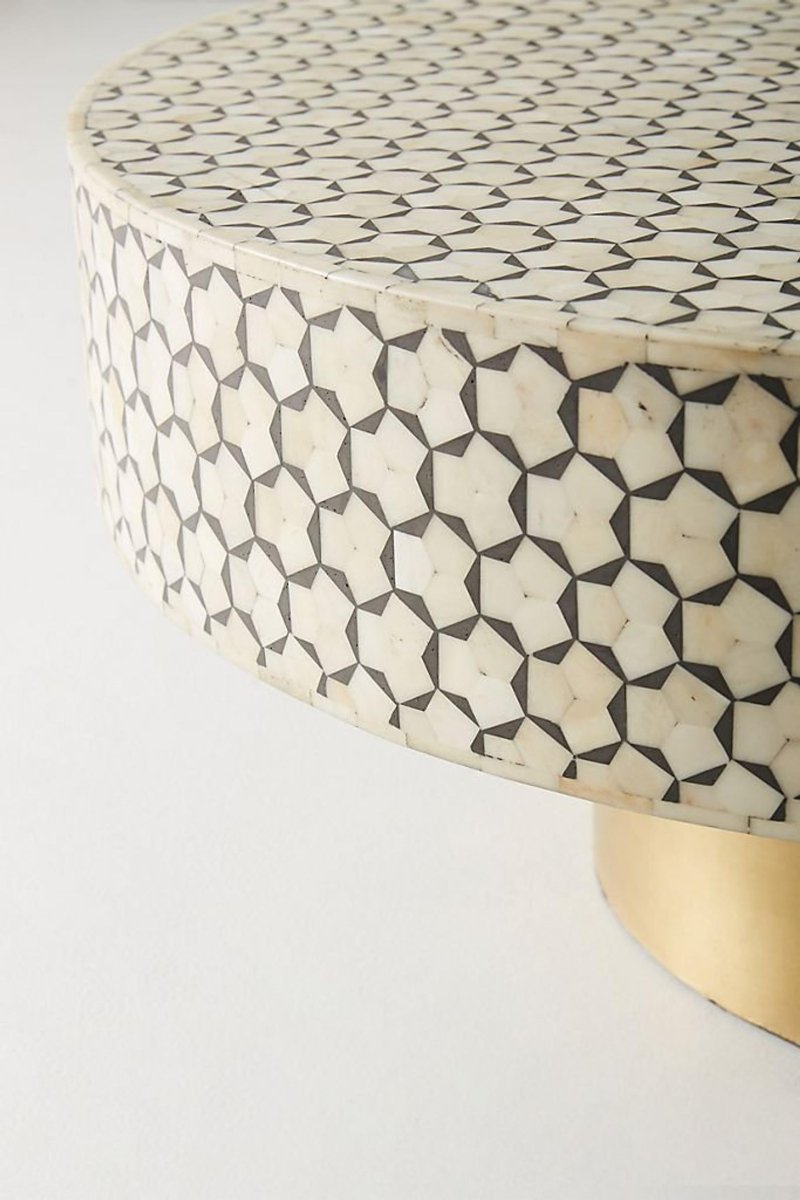 Handmade Bone Inlay Moroccan Round Coffee Table with Brass Base - Boho Chic Living Room Furniture for Home Decor, Perfect for Lounge, Salon and Office Use