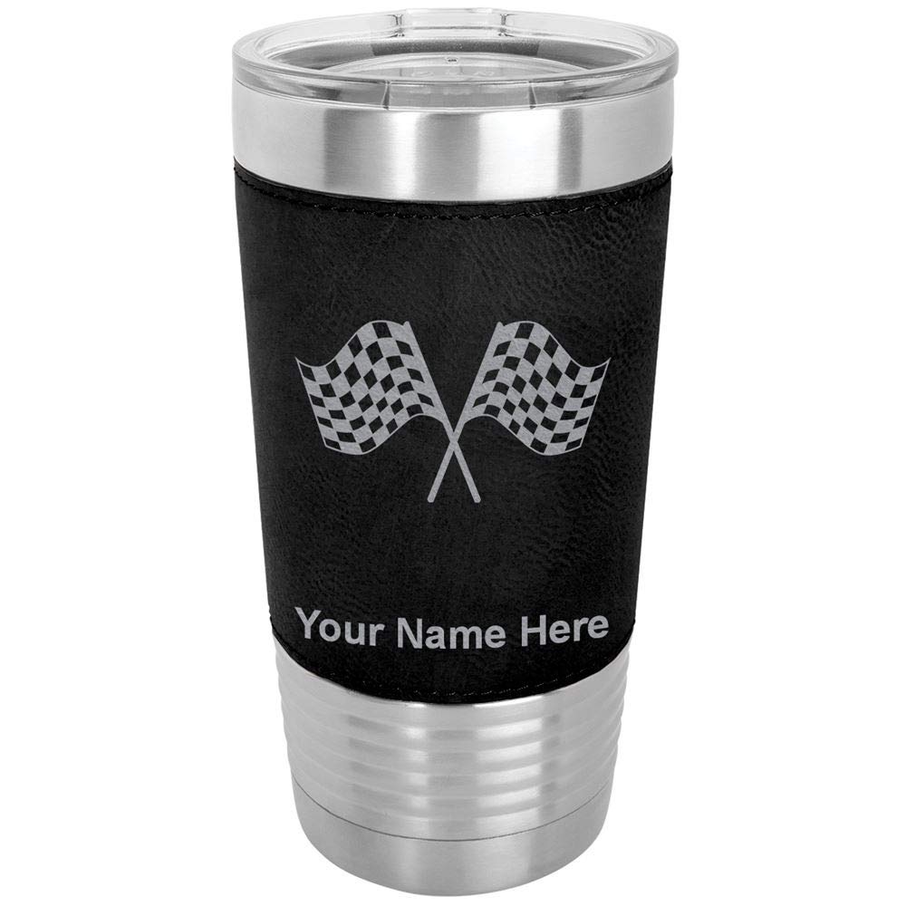 LaserGram 20oz Vacuum Insulated Stainless Steel Tumbler Mug with Racing Flags Design - Personalized Engraving, Faux Leather Base, Black - Perfect for Coffee, Tea & Cold Drinks at Work, Gym or Outdoor Adventures