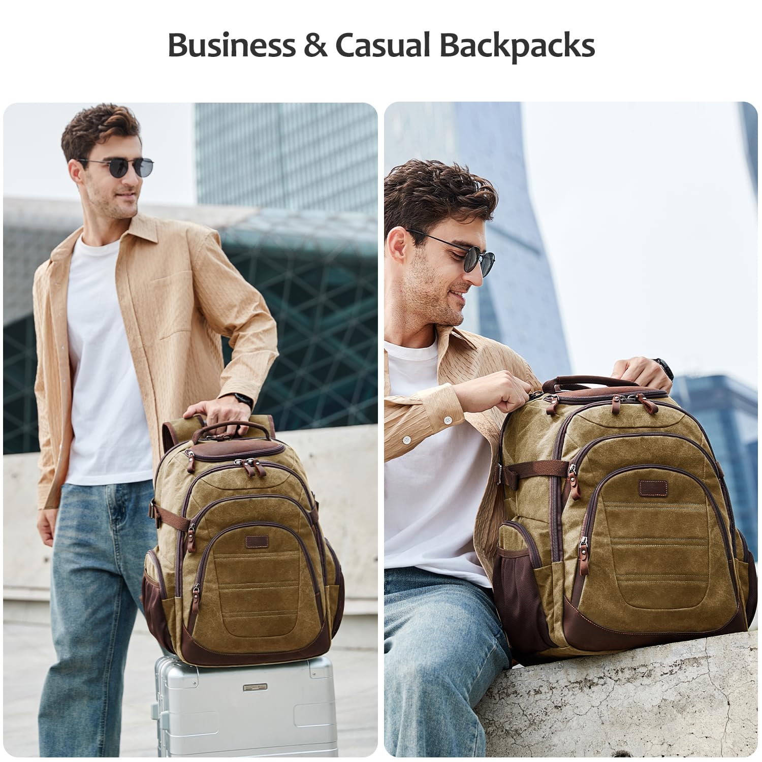 17.3 Inch Waxed Canvas Laptop Backpack for Men - XL Travel Computer Backpack with USB Charging Port, Water Resistant College Daypack & Business Backpack (Brown) - Perfect for Work Commute, Campus Use & Airplane Travel
