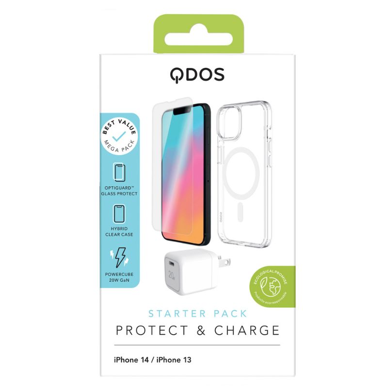 QDOS iPhone 13/14 Starter Pack - Protective Case + Screen Protector + Fast Charger | Perfect for Travel, Work & Everyday Use