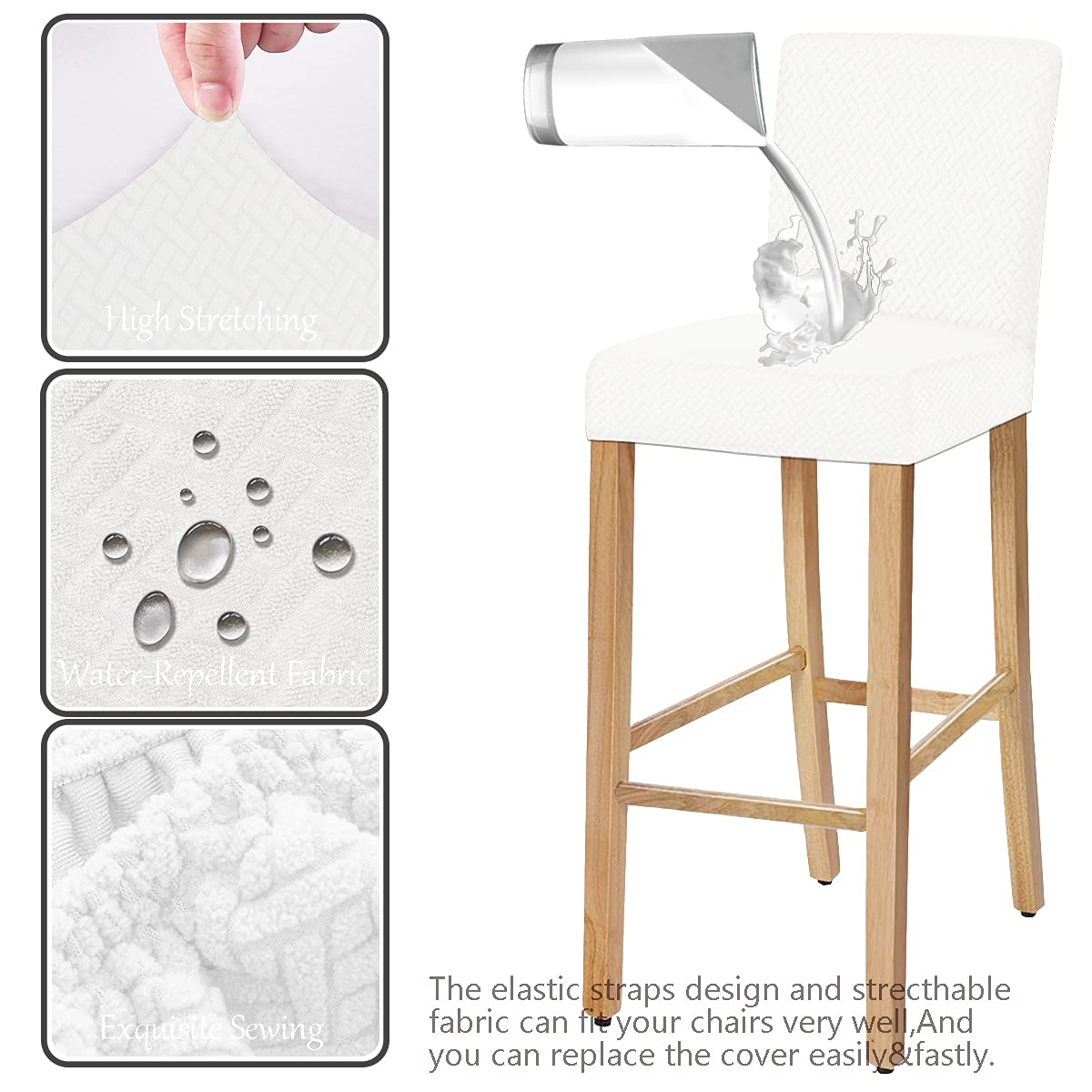 Stretch Waterproof Jacquard Bar Stool Covers - Set of 2, Removable Washable Dining Chair Slipcovers for Short Rotating Chairs (White) | Perfect for Home Bars, Kitchen Islands & Restaurant Seating