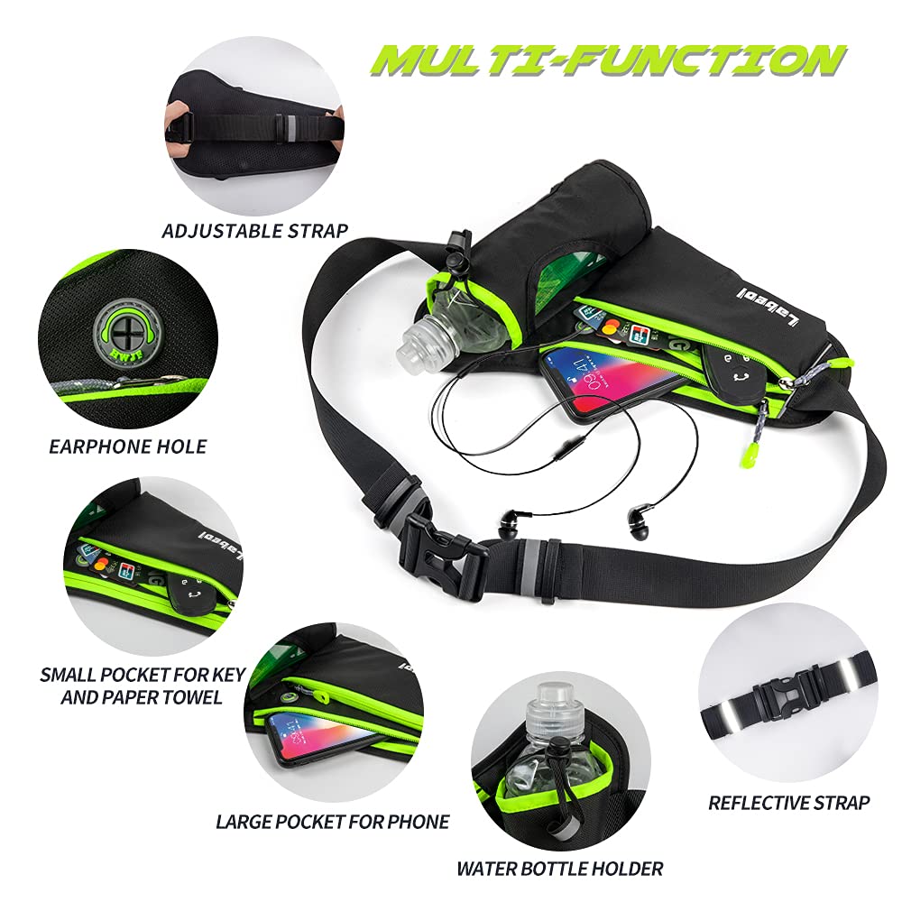 Labeol Adjustable Running Belt with Water Bottles - 2 Zipper Pockets Hydration Waist Pack for Men & Women - Lightweight Fanny Pack for Hiking, Climbing, Jogging & Outdoor Activities (Green)