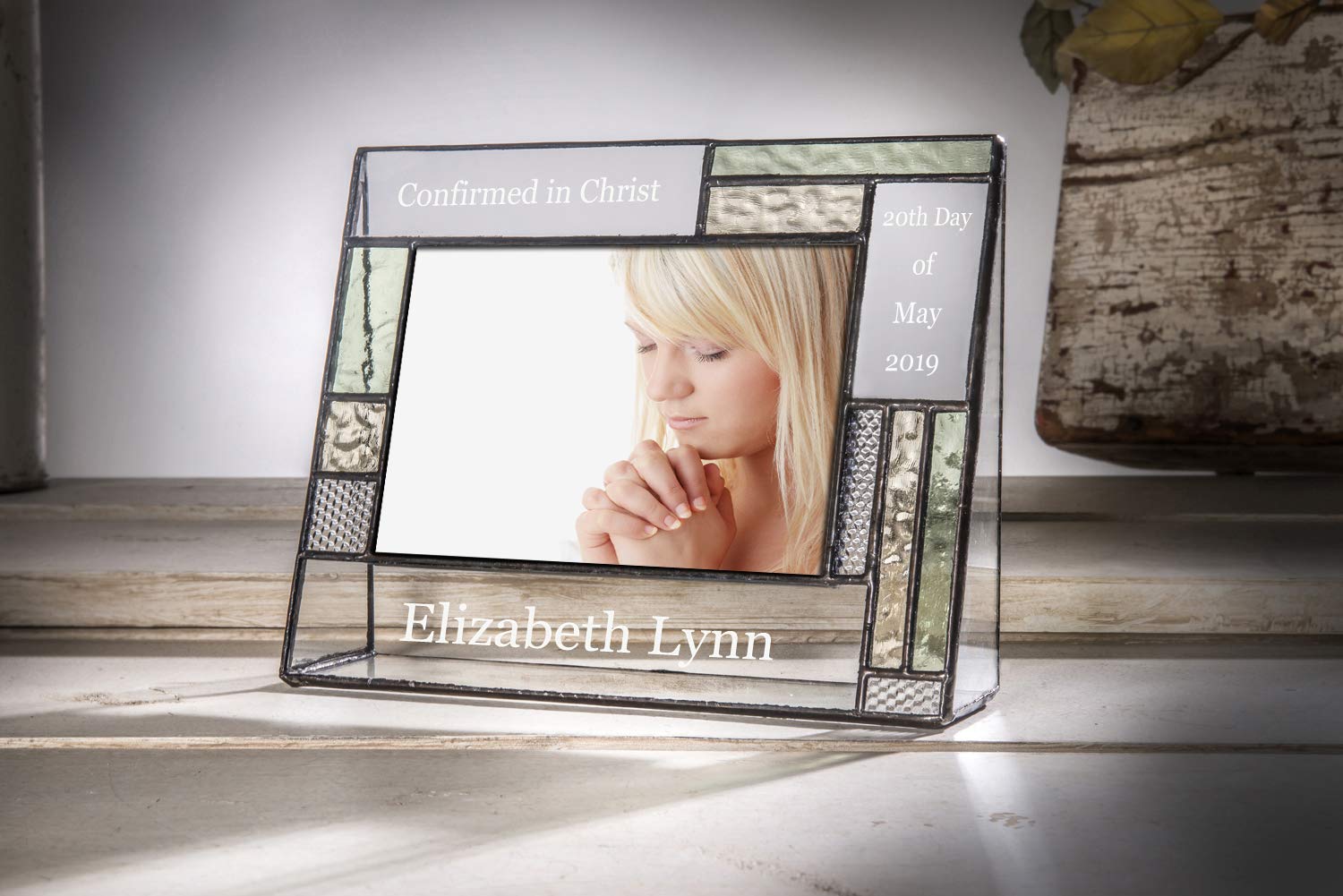 Personalized Confirmation Picture Frame - 4x6 Horizontal Stained Glass in Pale Green, Antique Yellow & Clear | Baptism, First Communion & Religious Gift | Perfect for Wall Display & Keepsake Memories