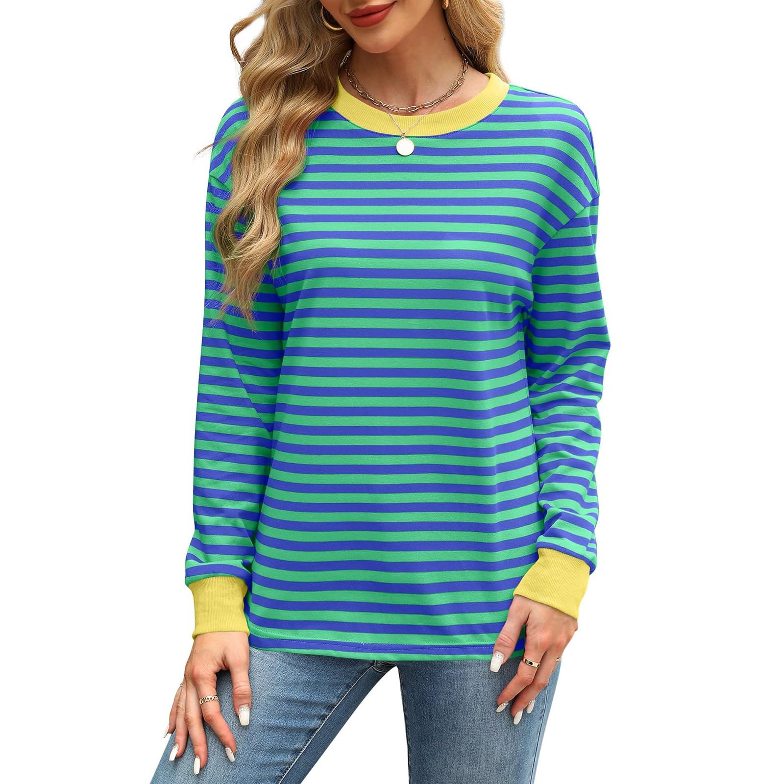 Women's Loose Fit Long Sleeve Striped Tunic Tops - Crewneck Casual Blouse for Work, Travel & Everyday Wear | Comfortable Office & Going Out Shirts