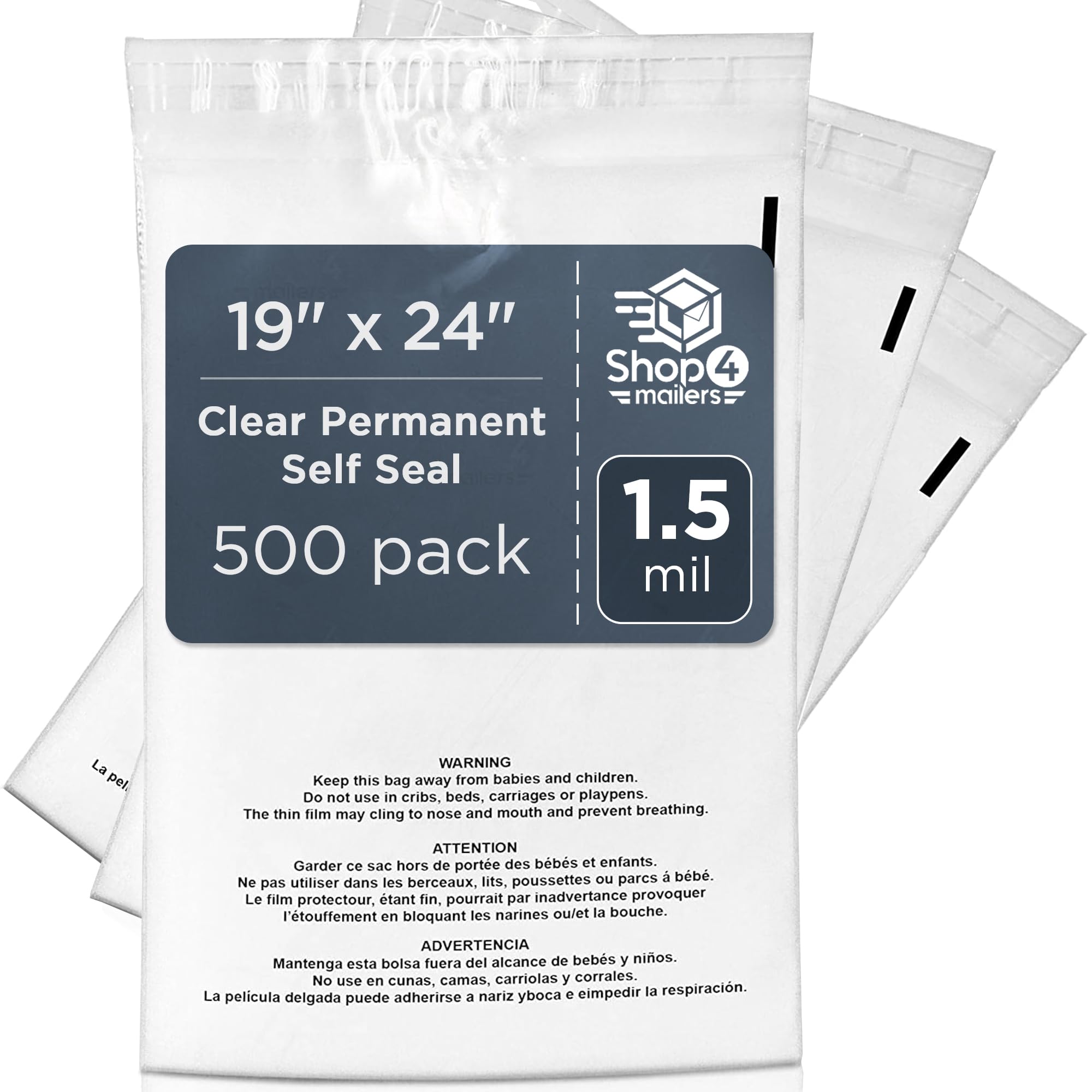 Clear Plastic Flat Poly Bags 19x24 Inches 1.5 Mil with Self Seal Adhesive - 500 Pack for FBA Packaging, Jewelry Storage, Clothing Protection & Document Preservation | Permanent Seal with Suffocation Warning | Ideal for Ecommerce Shipping, Retail Display & Home Organization