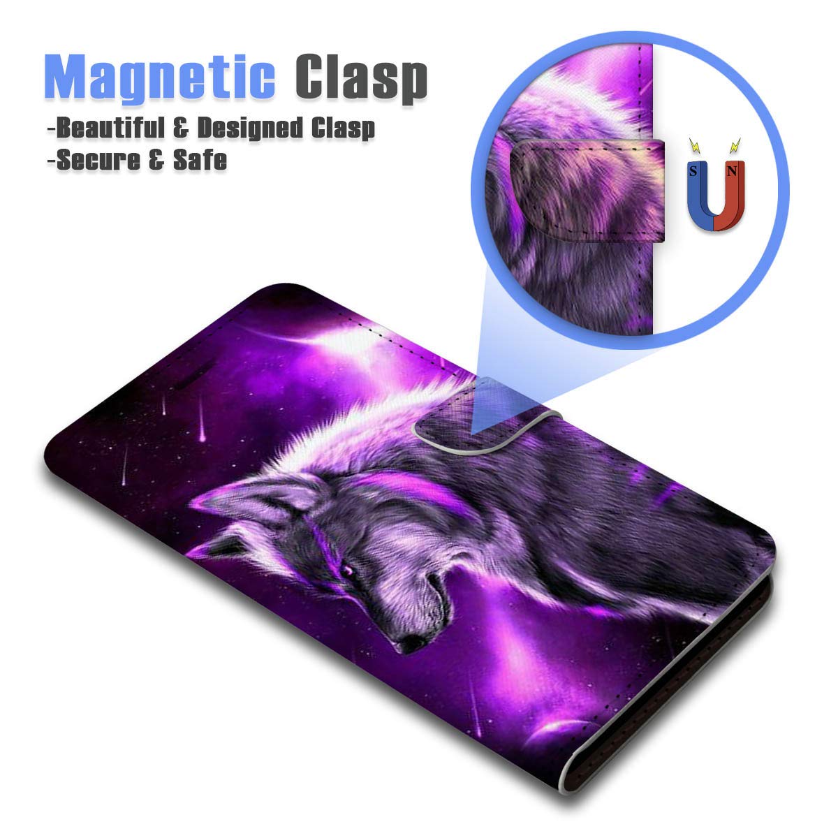 Cool Wolf Designed Flip Wallet Phone Case Cover for iPhone X & iPhone Xs - Slim Protective Leather Case with Card Slots for Daily Use & Travel