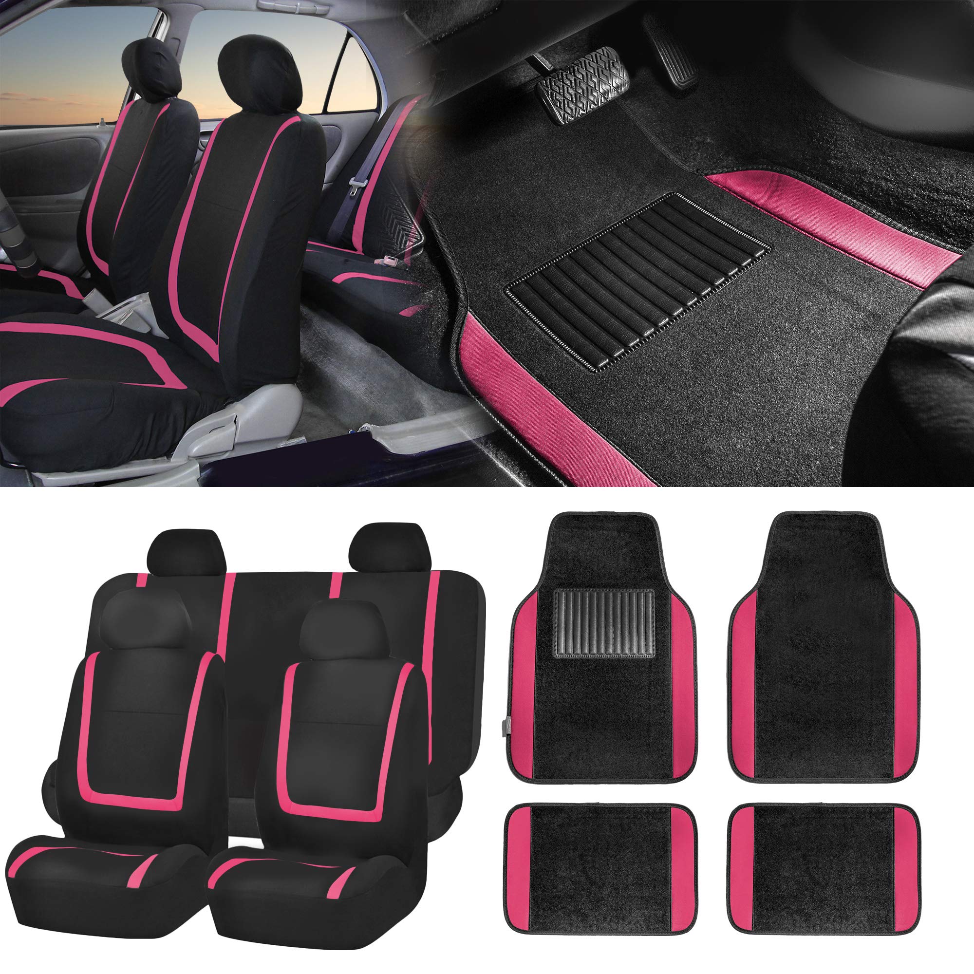 TLH Pink Universal Car Seat Covers & Mats Set for SUV, Van, Car