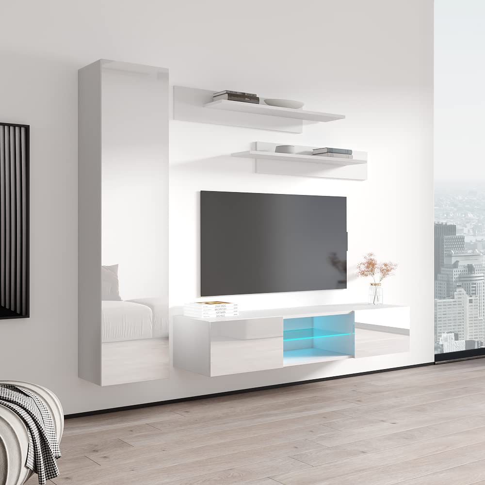 Modern Floating TV Stand with Storage & LED Lights - Wall-Mounted Entertainment Center for Bedroom & Living Room - White Meble Furniture Fly G1 33