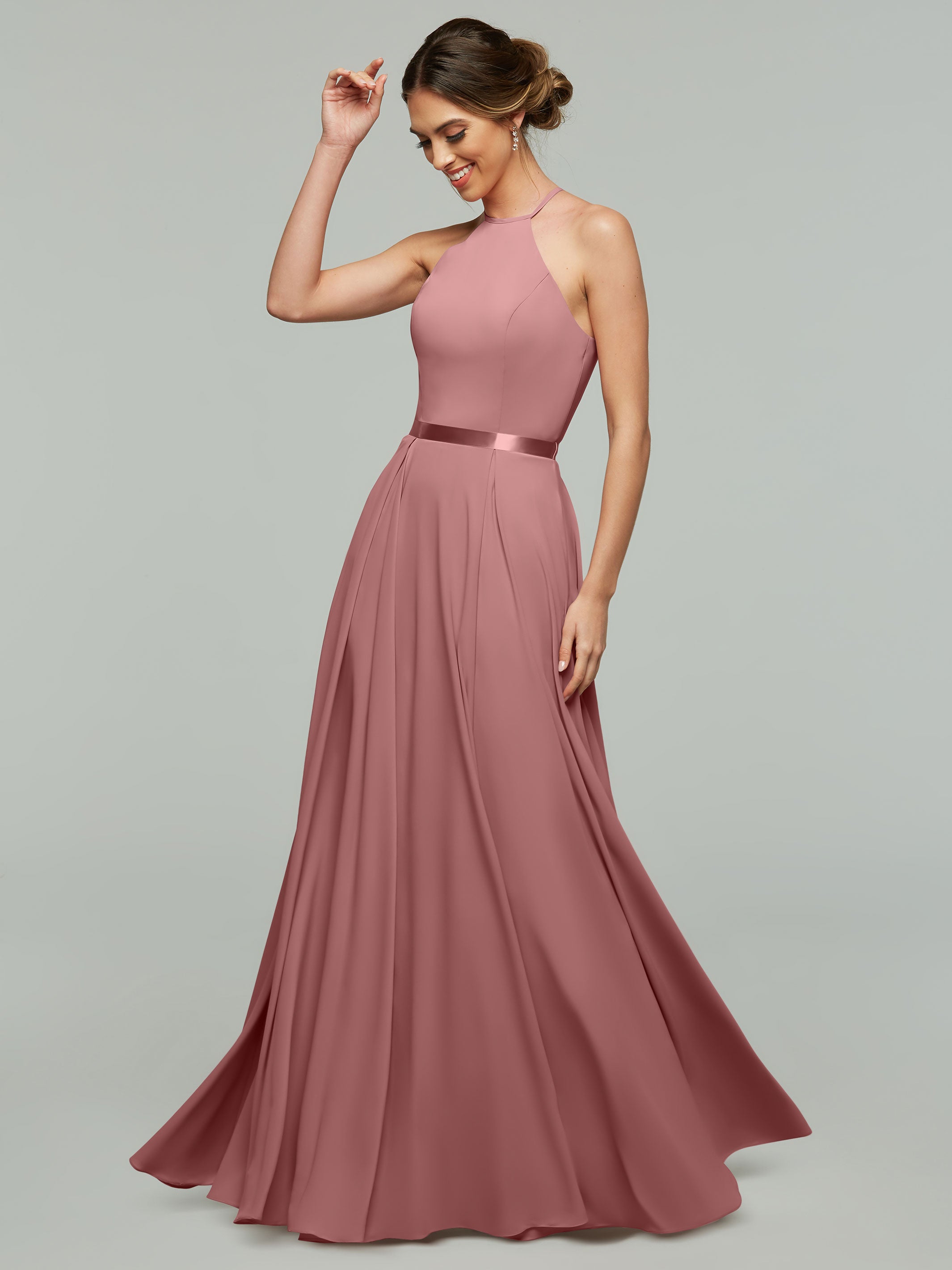Elegant A-Line Stretch Chiffon Bridesmaid Dress with Halter Neckline & Waist Belt - Perfect for Weddings, Parties & Formal Events