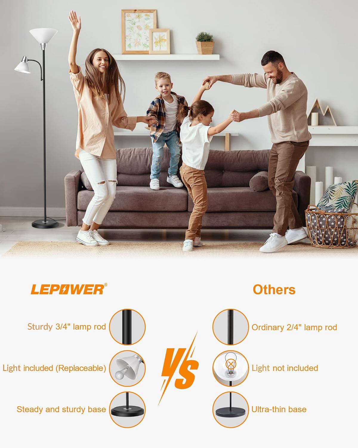 LEPOWER Adjustable Floor Lamp with 3000K Warm White Light - Energy Efficient Standing Lamp for Living Room, Bedroom, Office - Perfect for Reading, Working & Relaxing