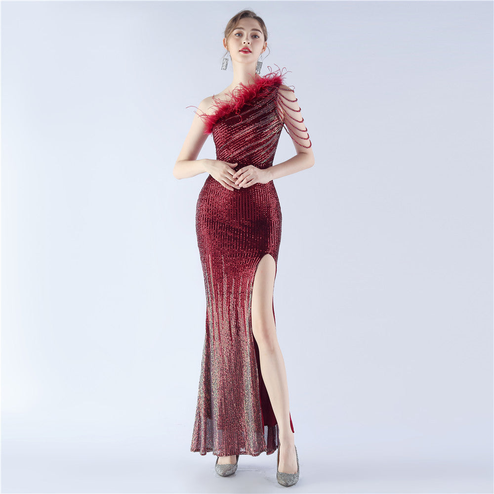 Elegant Gradual Beaded Ostrich Feather Shoulder Long Evening Dress for Women - Perfect for Prom, Gala, and Formal Events