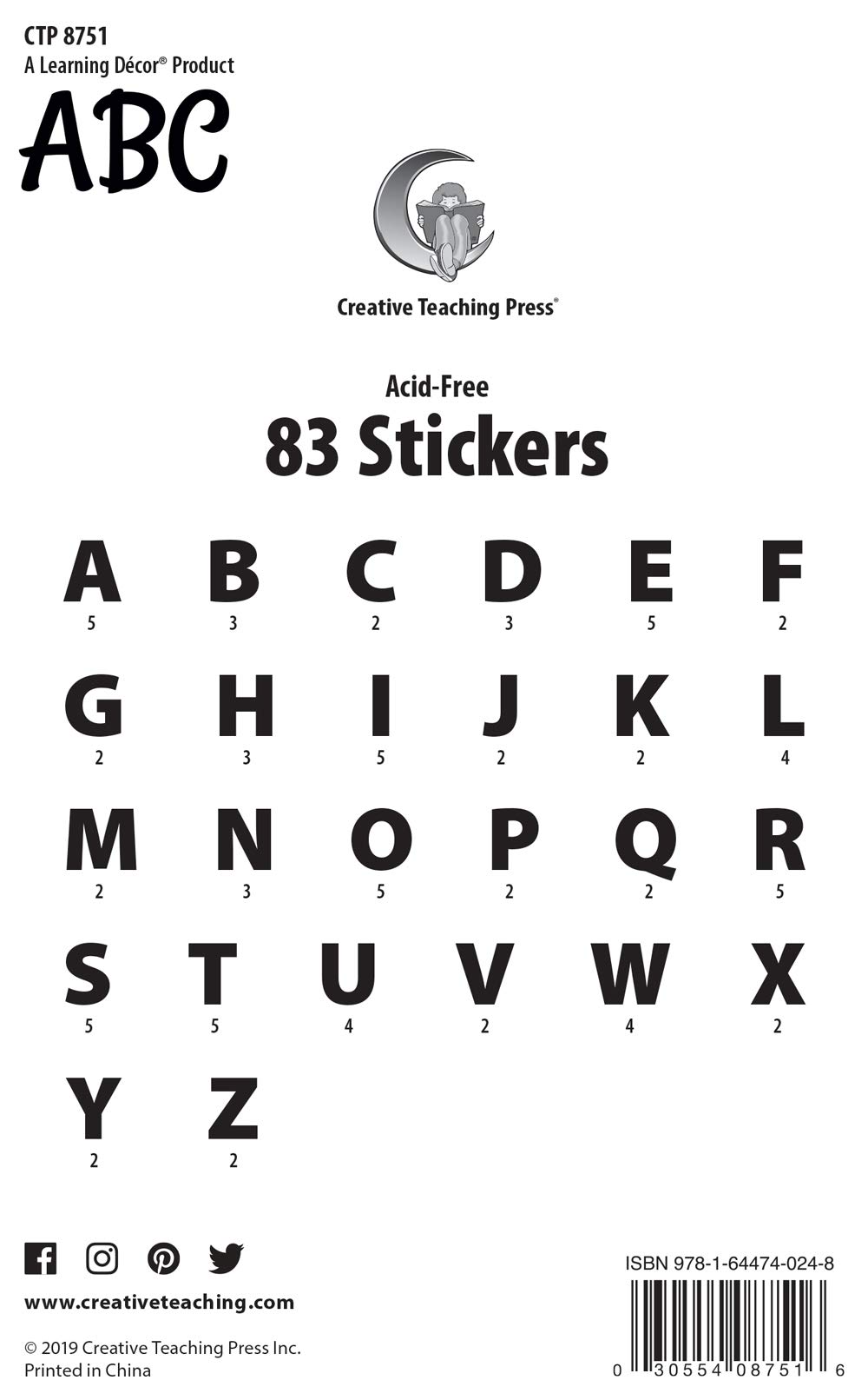 Creative Teaching Press Stylish Black 2 Inch Uppercase Alphabet Letter Stickers (8751) - Perfect for Classroom Decor, Scrapbooking & DIY Crafts