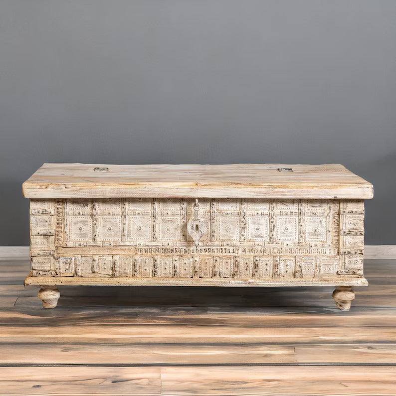 Hand Carved Vintage Solid Wood Chest Trunk Box - Rustic Storage for Blankets, Toys & Home Decor | Perfect for Bedroom, Living Room & Cabin Storage