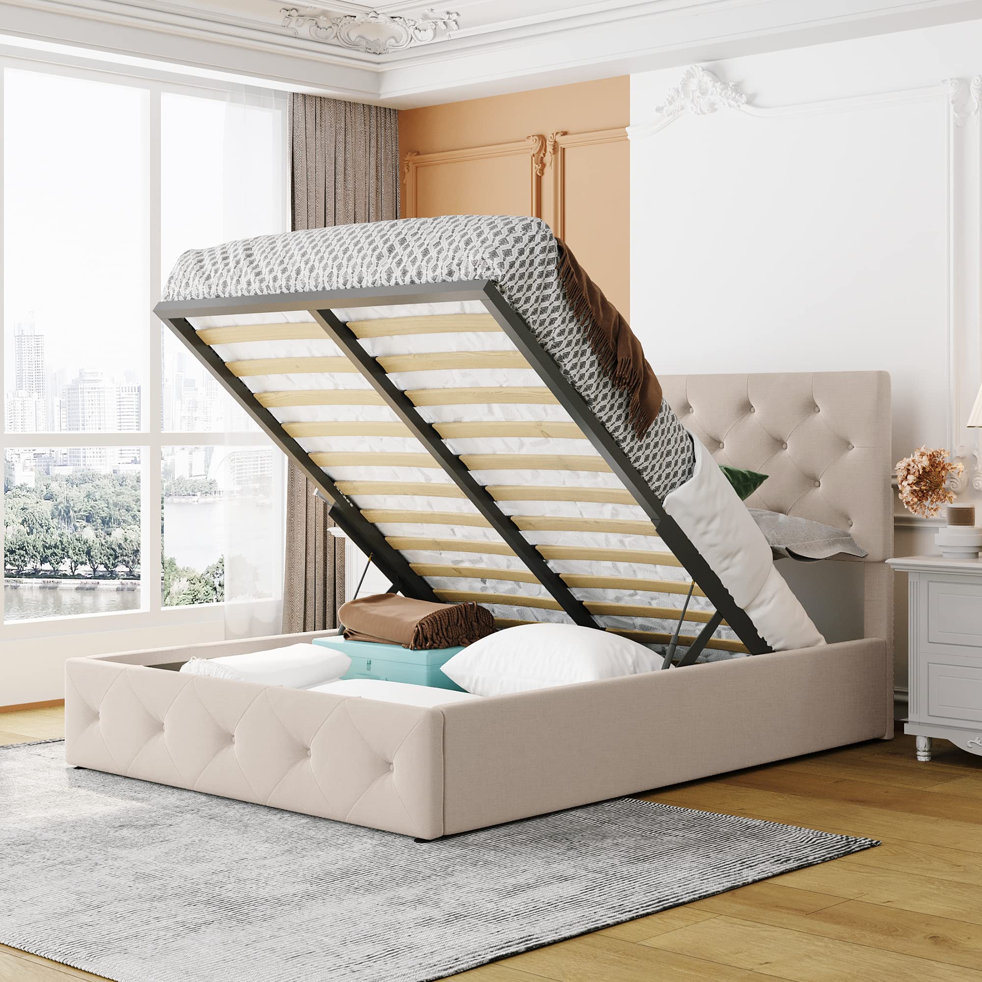 Full Size Upholstered Platform Bed Frame with Gas Lift Storage - Underbed Storage Bed with Headboard, Beige Fabric Upholstery - Perfect for Small Bedrooms, Guest Rooms & Dorm Organization