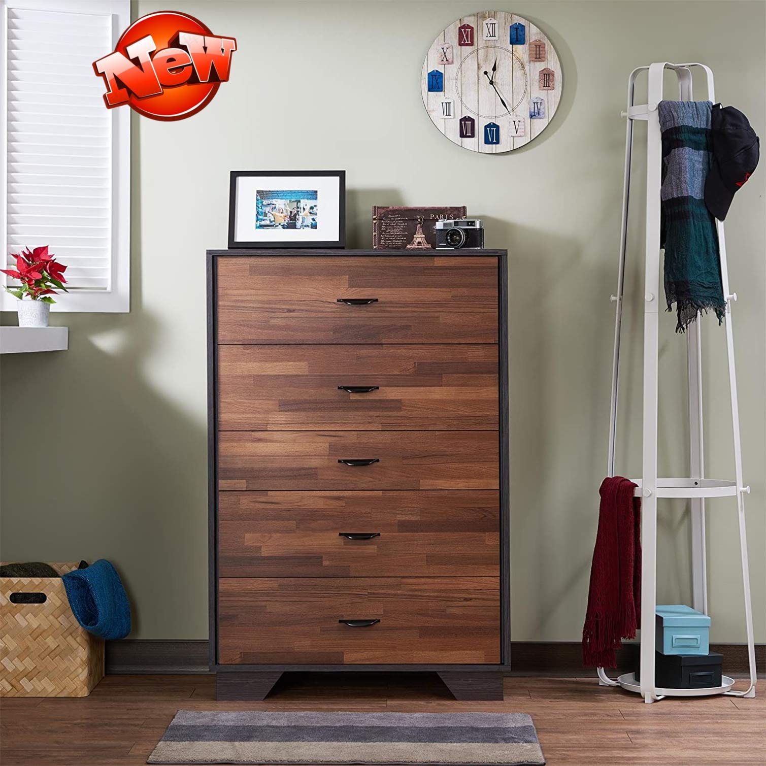 Rajmarti 5-Drawer Dresser - Thick Wood Storage for Bedroom & Office, Easy Assembly (Walnut) - Space-Saving Organizer