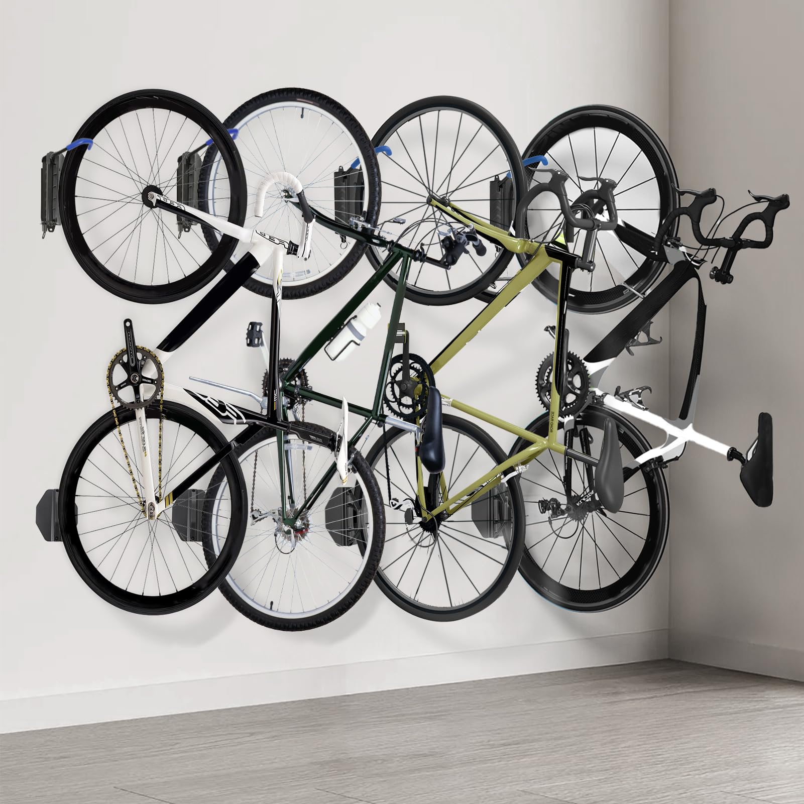 Swivel Bike Wall Mount Rack - Space Saving Garage Bike Hooks & Hangers - Vertical Storage Solution Holds Up to 70 lbs (4 Pack, Blue) - Perfect for Garage, Basement, or Apartment Bike Organization