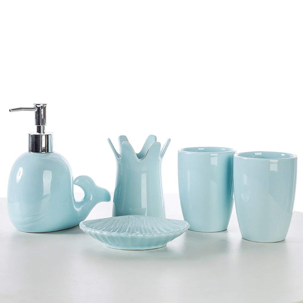 European Style Ceramic Whale Lotion Dispenser Set - 5-Piece Cute Animal Soap Dispenser Bottles, Mouthwash Cup for Bathroom Accessories | Perfect for Home Decor, Spa Gifts & Creative Present Ideas