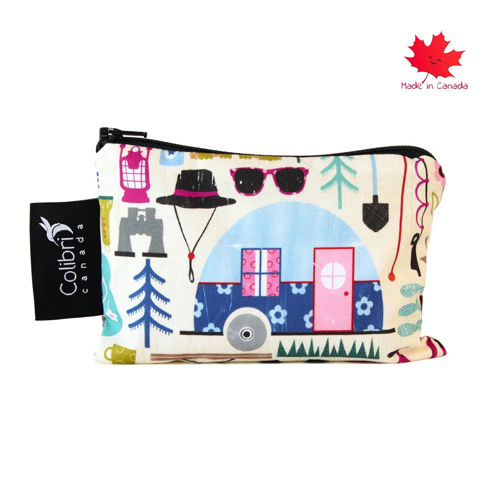 Colibri Small Reusable Snack Bag - Eco-Friendly Food Storage for Kids Lunch, Travel & Camping | Happy Camper Design | Perfect for School, Hiking & Picnics