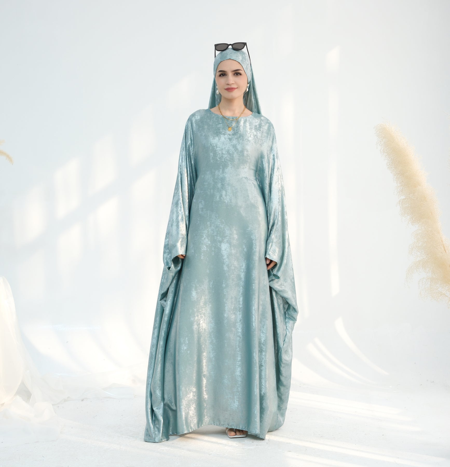 Linora Shimmer Butterfly Abaya - Elegant Mint Green Islamic Dress for Women | Perfect for Eid, Prayer & Special Occasions