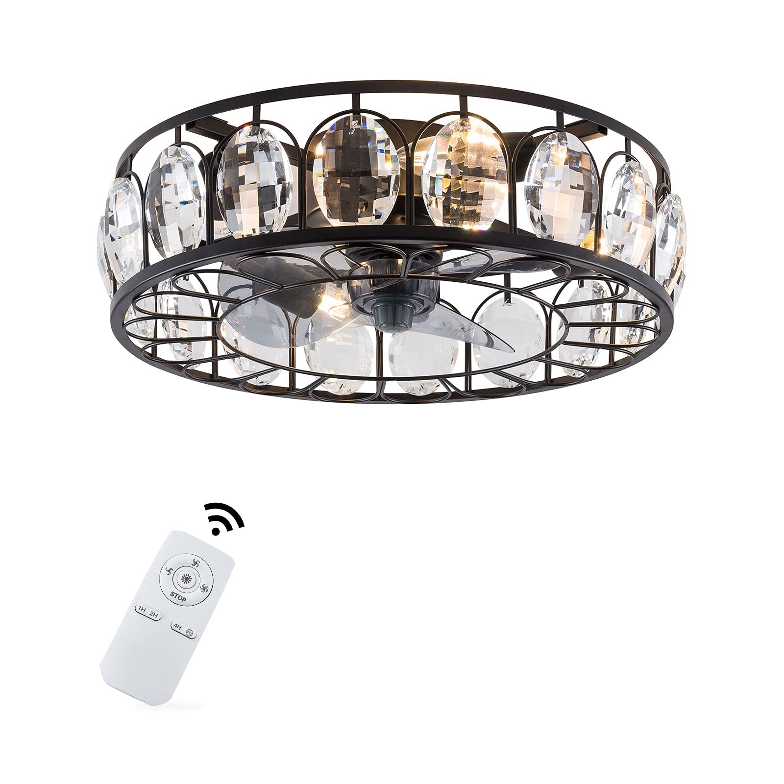 18-Inch Bladeless Crystal Chandelier Ceiling Fan with Remote Control - Adjustable 3 Speeds, Low Profile Semi-Flush Mount, Black Finish (E27x4) - Perfect for Bedroom, Living Room & Dining Room Lighting